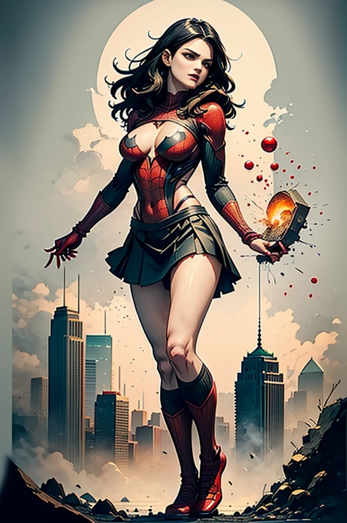 Rachel Weisz、Sticking out the navel、newyork、She wears a torn Spider-Man suit,wearing skirt、 Red and black color scheme,Dynamic、masterpiece、top-quality、ultra-detailliert、ighly detailed、beautiful detailed brilliance、超A high resolution