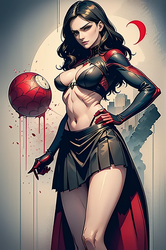 Rachel Weisz、Sticking out the navel、newyork、She wears a torn Spider-Man suit,wearing skirt、 Red and black color scheme,Dynamic、masterpiece、top-quality、ultra-detailliert、ighly detailed、beautiful detailed brilliance、超A high resolution