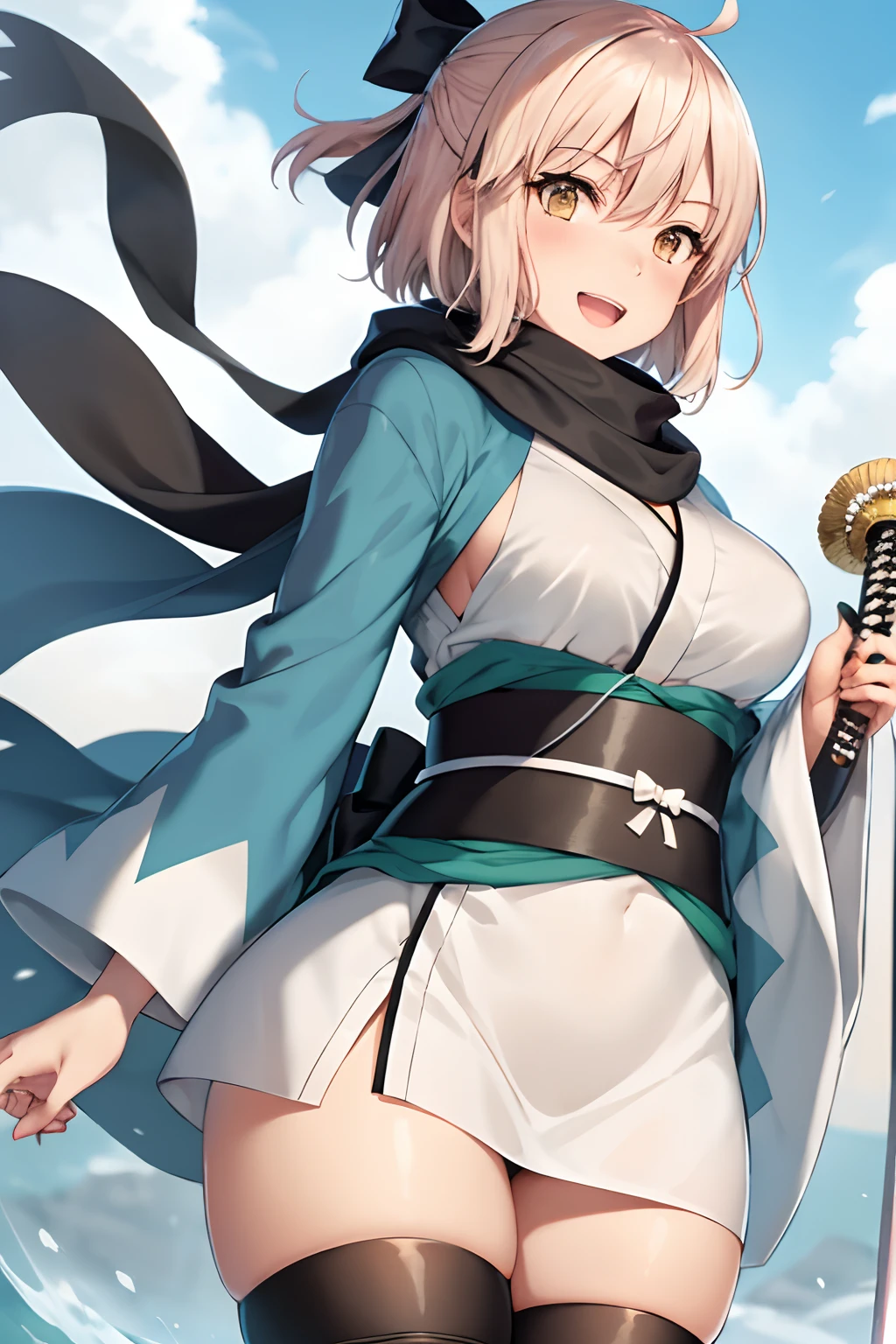 (extremely details CG), (Best Quality), Perfect face, Shiny skin, Lustrous skin,wide hips,   1girl in,Solo ,  Okitasoji Temple,arm guards,Wide sleeves,Bangs,Obi, White kimono, Shinsengumi, black thighighs, Yellow eyes,black thighhighs , Short kimono, haori, Black bow, Black scarf, Short hair, Ahoge, scarf, Blonde hair, hair bows,Bow, Kimono,Komono,Smile with open mouth