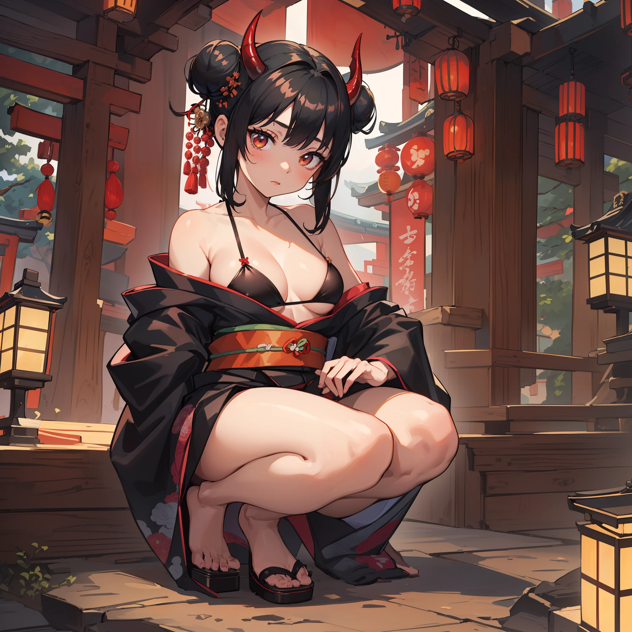 (masterpiece, best quality:1.2), (1girl, solo), 20years old, (full body, wide shot:1.1), (kimono, undressing, black bikini bra, bare shoulder), (black hair, single bun), (demon horns:1.1), gleaming skin, squatting, touching own head, Japanese ancient capital, (Japanese ancient festival, MATSURI)