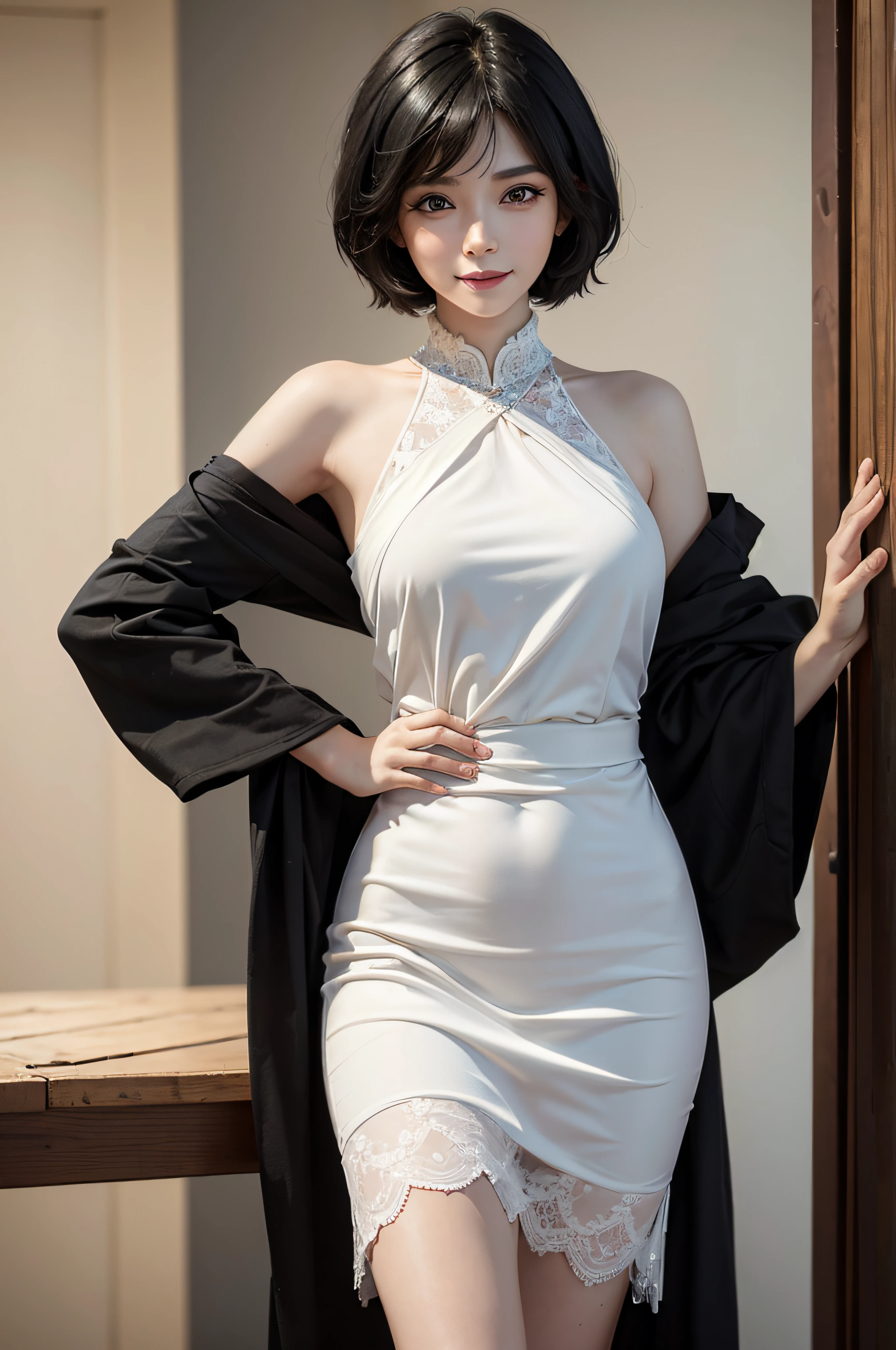 (masterpiece:1.3), (8k, photorealistic, RAW photo, best quality: 1.4), (1girl), beautiful face, (realistic face), (black hair, short hair:1.3), Turn around and smile back,One hand holds his chin,Sunny and confident,enticing,超高分辨率,Ultra photo realsisim,The is very detailed,the golden ratio