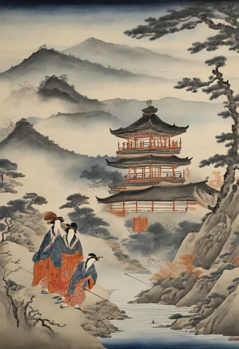 Best Quality, style of hokusai, ukiyoe painting, femele,Smoke pipes,sscroll