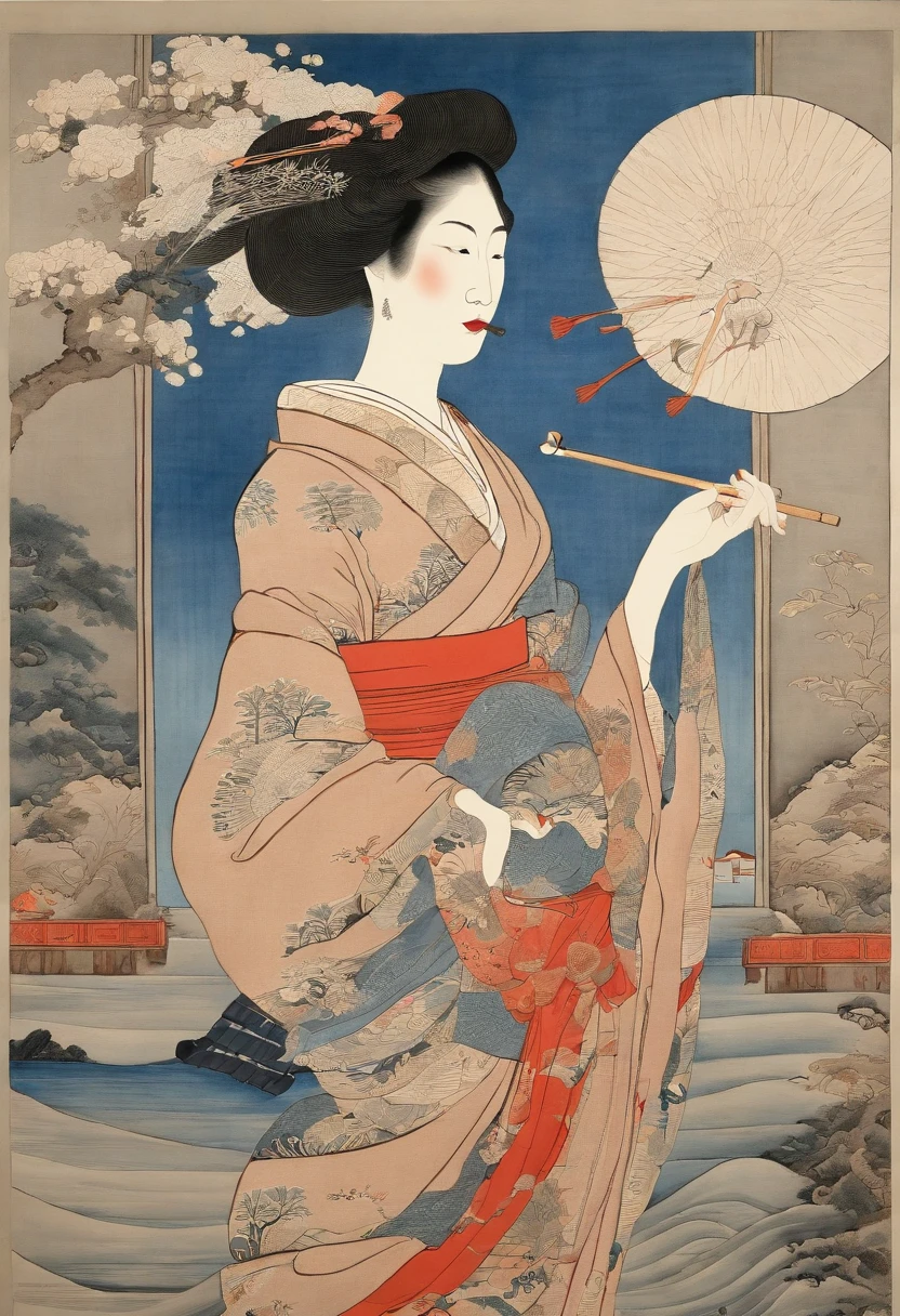 Best Quality, style of hokusai, ukiyoe painting, femele,Smoke pipes,sscroll