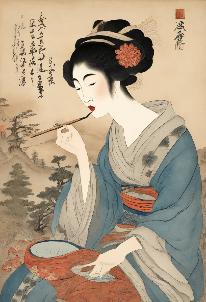 Best Quality, style of hokusai, ukiyoe painting, femele,Smoke pipes,sscroll