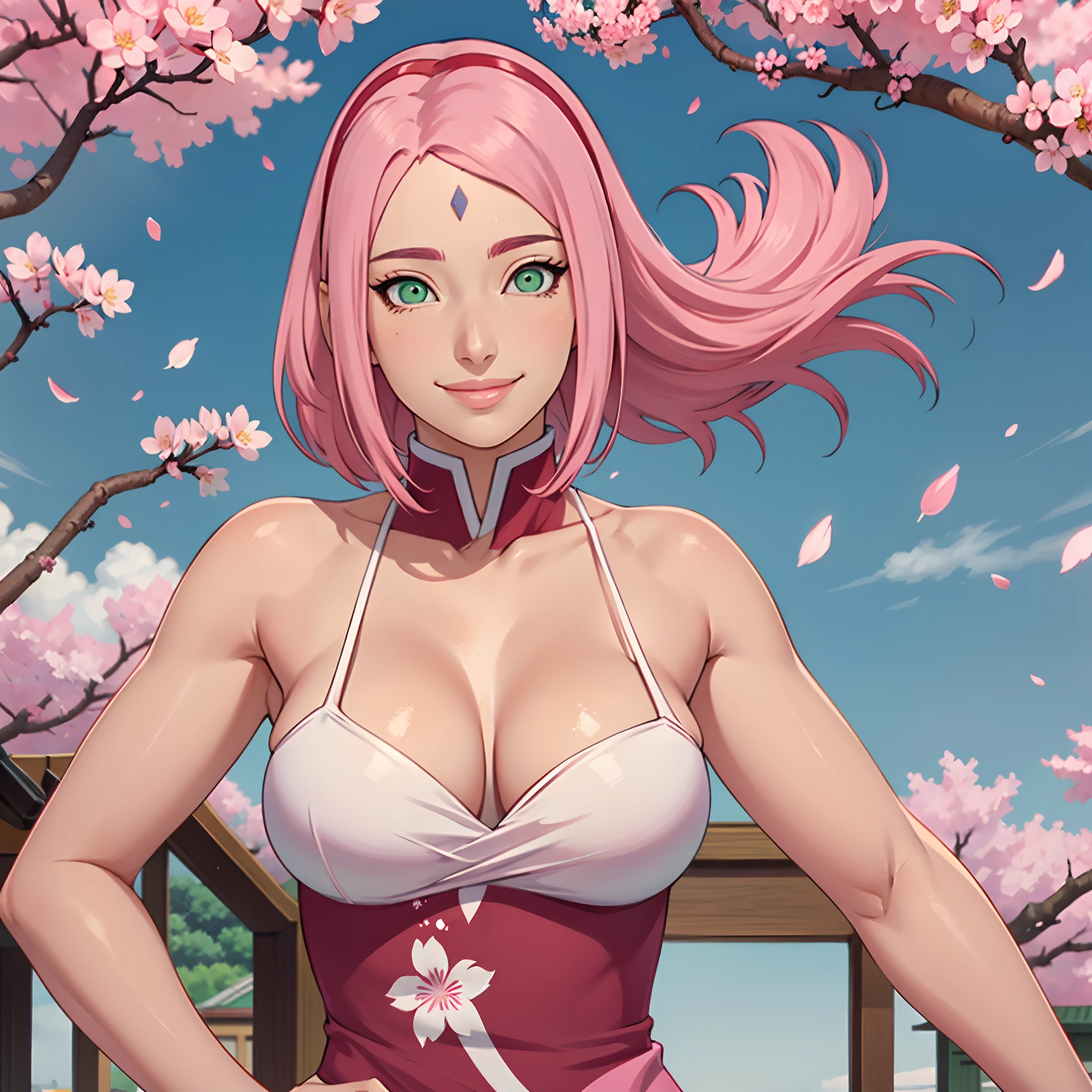 masterpiece， Best quality at best， Sakura Haruno， Large breasts，is shy，smile，with pink hair， long whitr hair,（Green eyeballs:1.4)， Forehead protection， the cherry trees，Cherry blossoms flying, looking at viewer, beautiful eyes, sexy seductive smile, sensual beauty, goddess, forehead mark