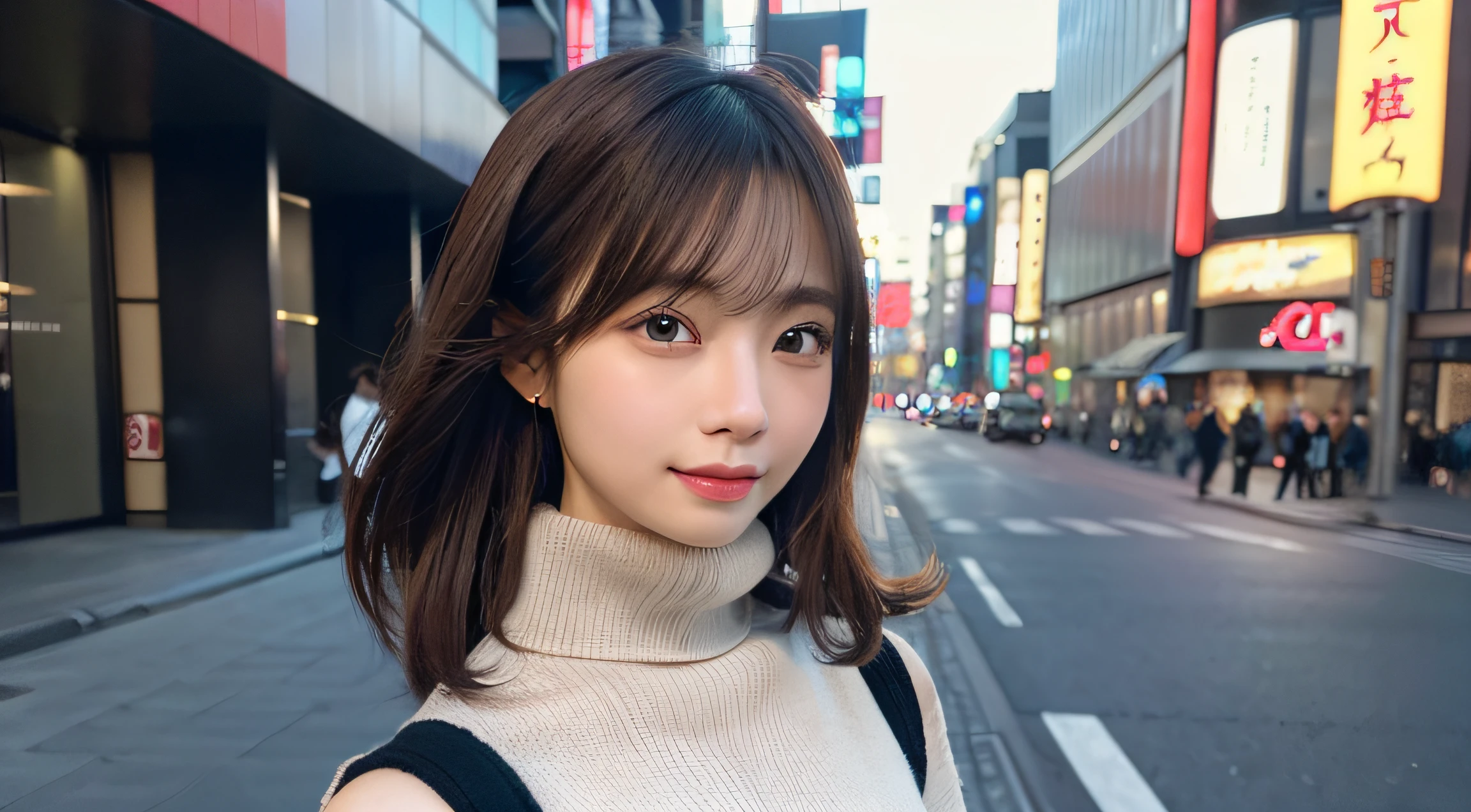 (Colossal tits、Turtleneck knitwear、Shoulder bag)、(top-quality,​masterpiece:1.3,超A high resolution,),(ultra-detailliert,Caustics),(Photorealsitic:1.4,RAW shooting,)Ultra-realistic capture,A highly detailed,high-definition16Kfor human skin、 Skin texture is natural、、The skin looks healthy with an even tone、 Use natural light and color,One Woman,japanes,,kawaii,A dark-haired,Middle hair,(depth of fields、chromatic abberation、、Wide range of lighting、Natural Shading、)、(Hair swaying in the wind:1.2)、Streets of Tokyo