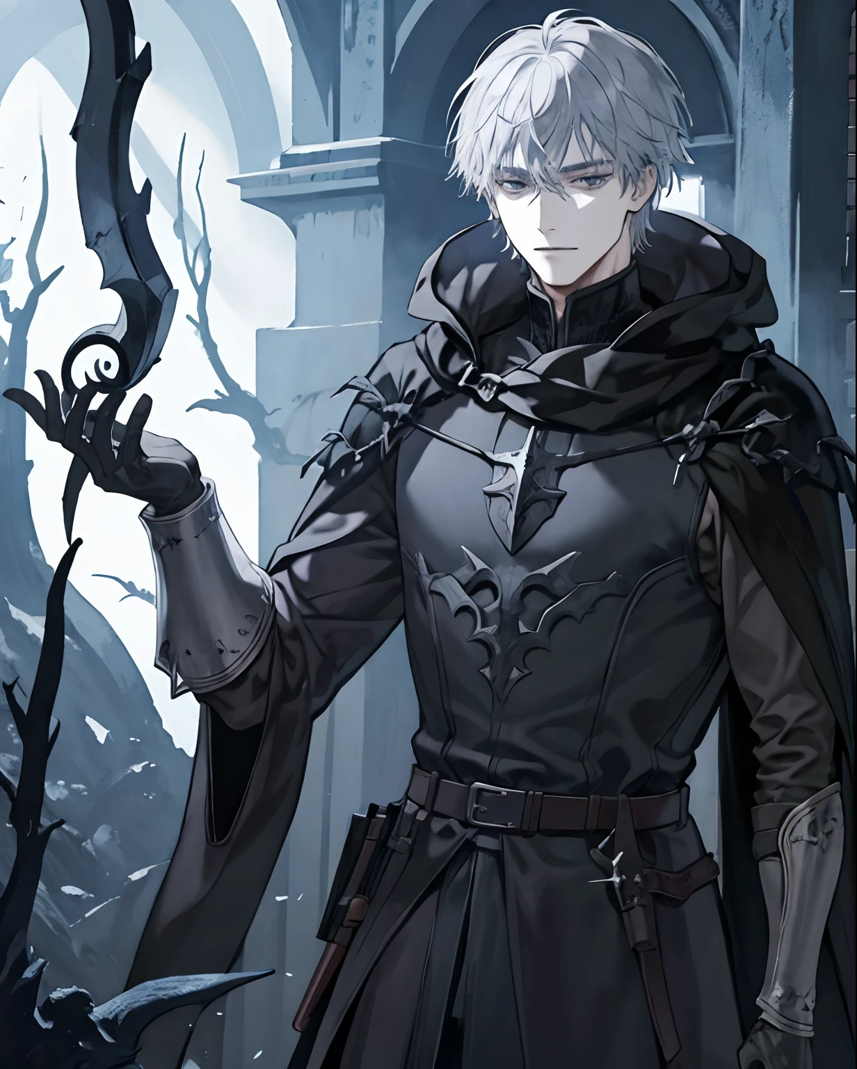 1male, medieval fantasy,, beautiful, depressed, silver hair, black eyes, detailed eyes, black cloak, (dark sorcerer, rogue mage, black magic), alone in a dark forest, medieval fantasy, close up