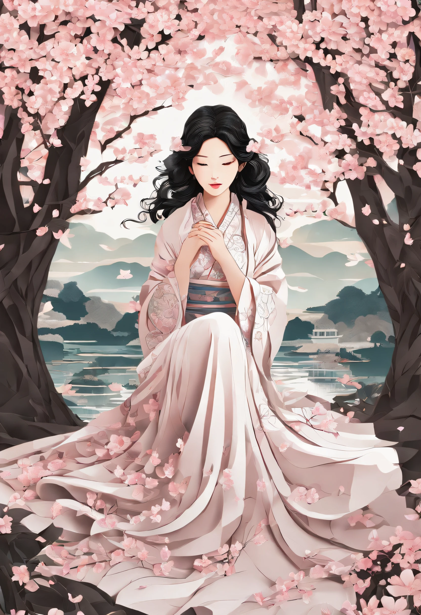 8K、Masterpiece、top-quality、A hyper-realistic、Photorealsitic、Cherry blossom And Street、BREAK beautiful girl with beautiful black hair and hair ornament in the shape of cherry blossom petals lying on the grass under a row of cherry blossom trees and taking a nap