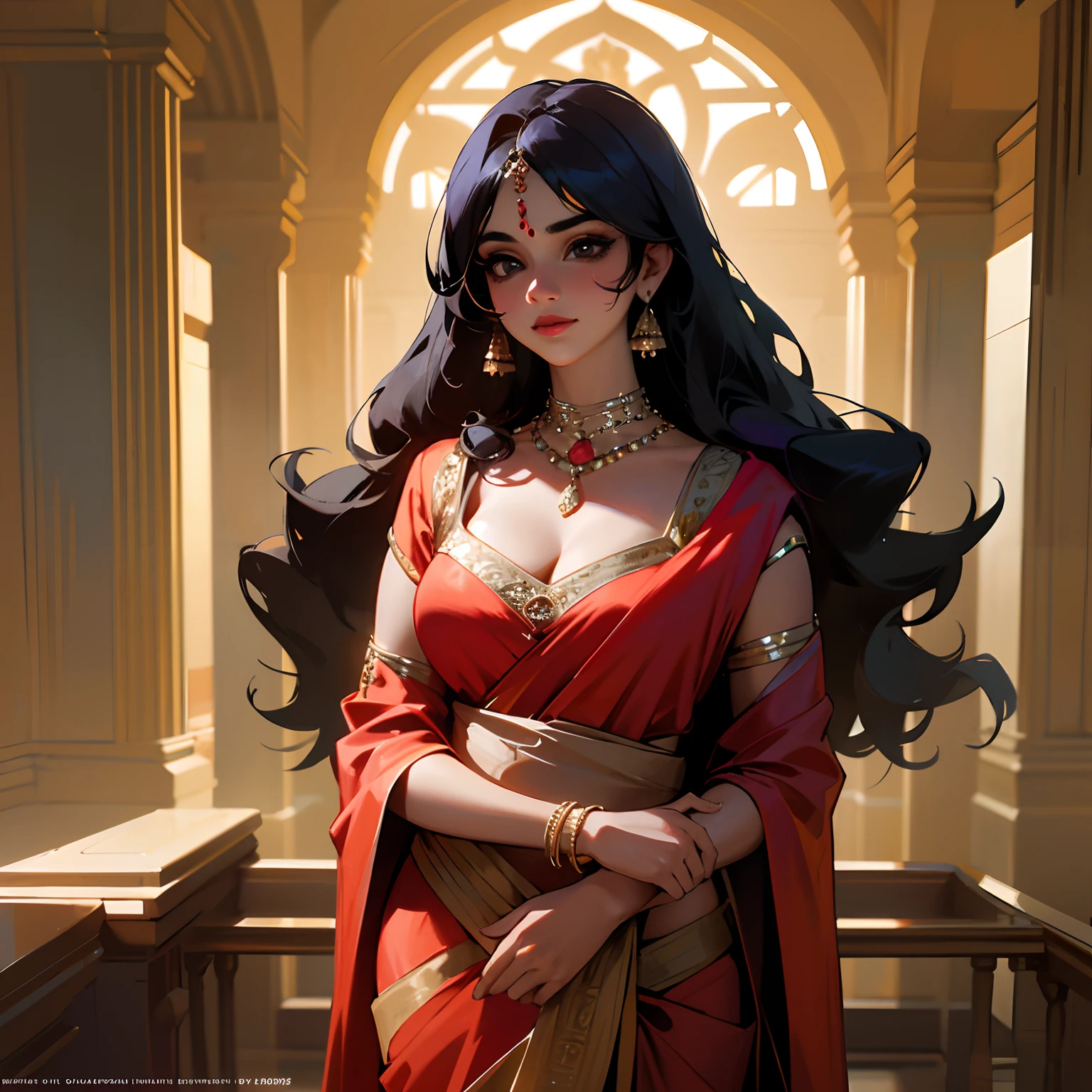 16K, HDR, UHD, RTX, ray tracing, illustration, award winning, adsurdres, highres, ultra high detailed, realistic, indian woman, wearing a satin saree, sexy, cleavage, luxurious, rich, mature, long hair, beautiful, royal palace, elegant, indian historical, ancient india