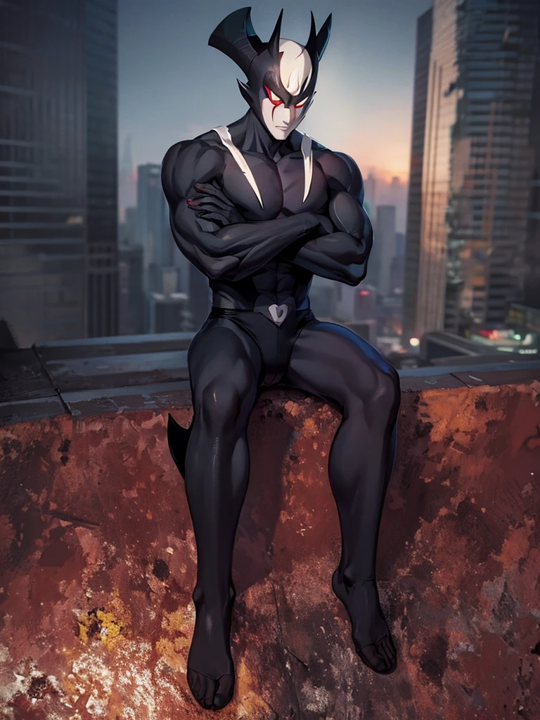 Devilman，skyscraper,Sit on the edge of the building,looking-down,Background sunset，