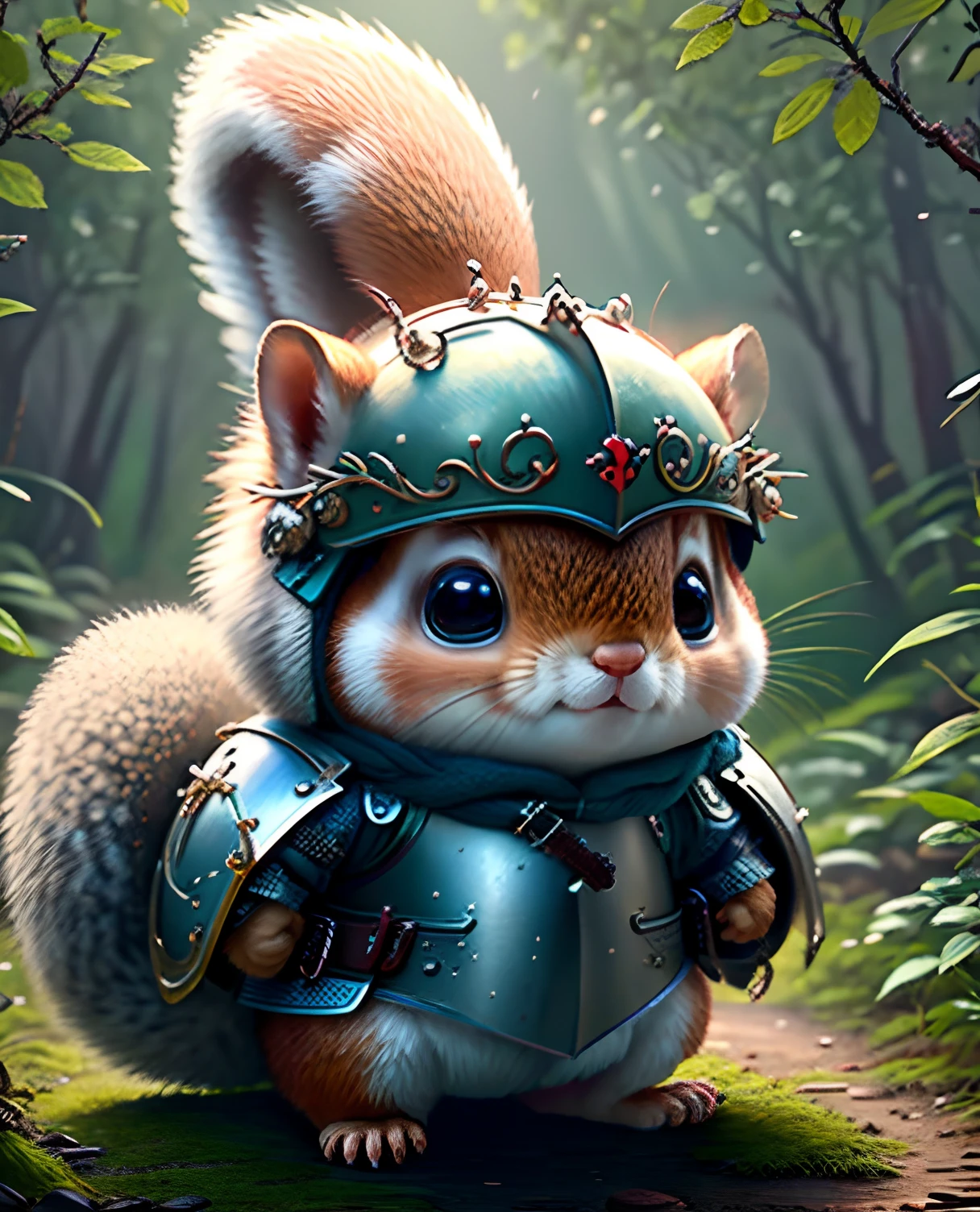 Top image quality、"Create a masterpiece of cute creatures. a squirrel、（The place is a forest）, high detailing, in 8K、Top image quality、Dressed as an adventurer、Holding a sword and shield in his hand、Medieval Knight Costume、(((kawaii)))、