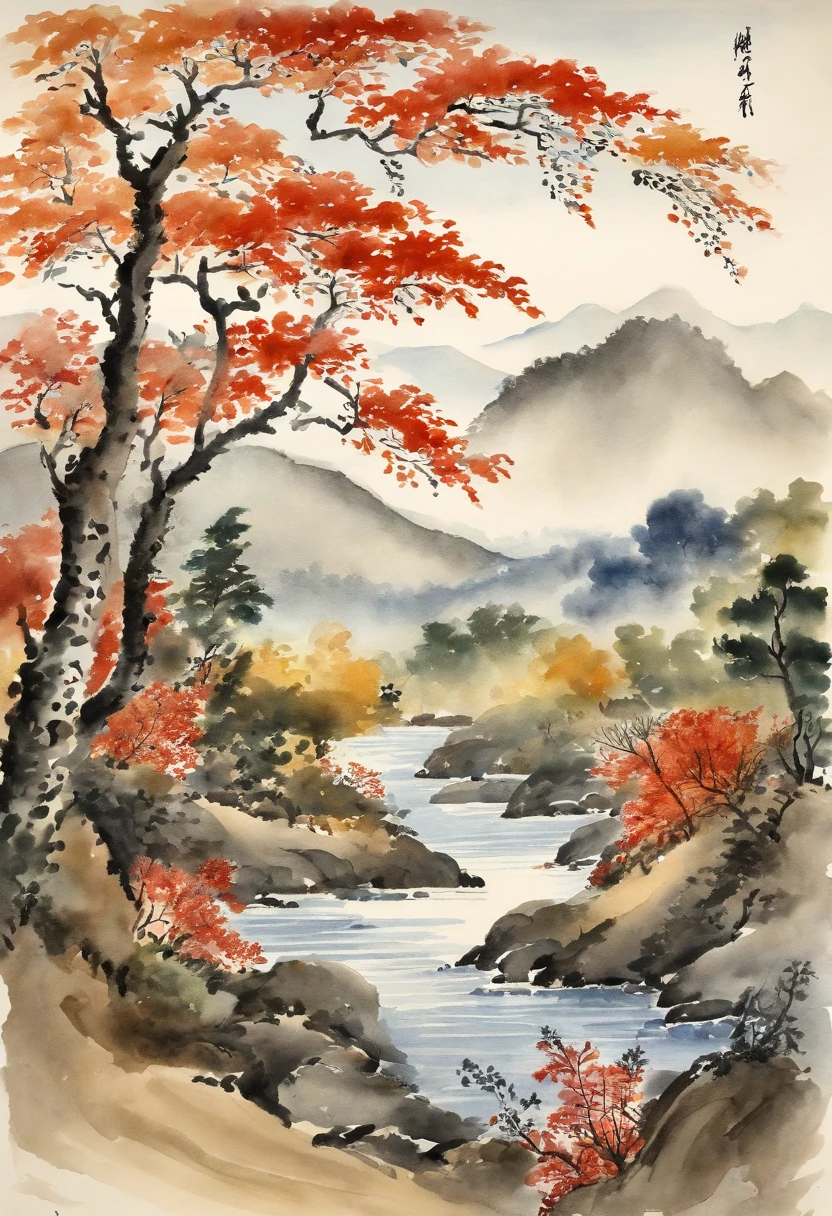 Best Quality, style of hokusai, ukiyoe painting, Landscape with river,sscroll