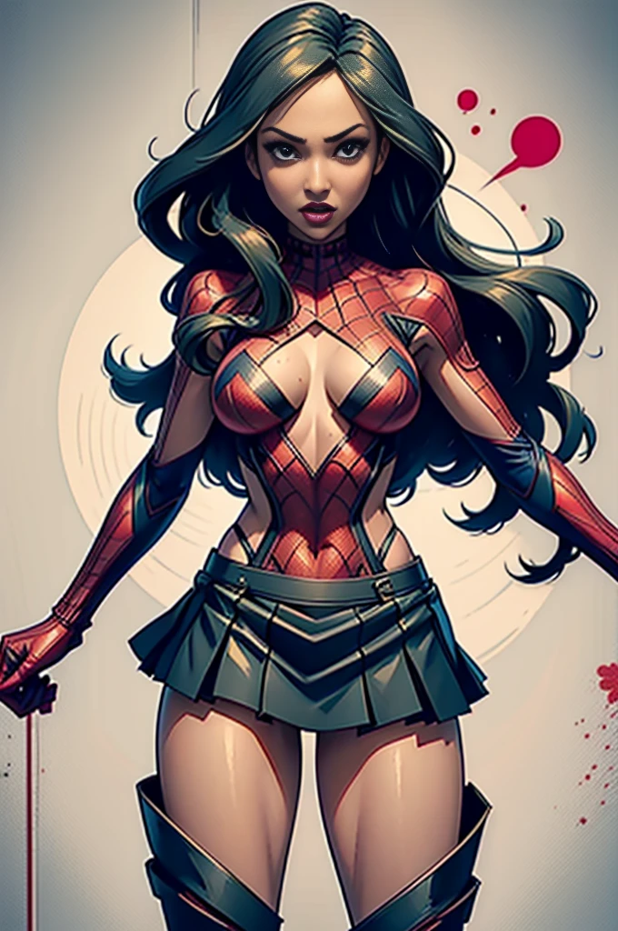 Jennifer Love Hewitt、stick out the navel、new york、She's wearing a torn Spider-Man suit,Wearing a skirt、 Red and black color scheme,dynamic、masterpiece、highest quality、Ultra-detailed、Very detailed、Beautiful sparkle in the details、超A high resolution