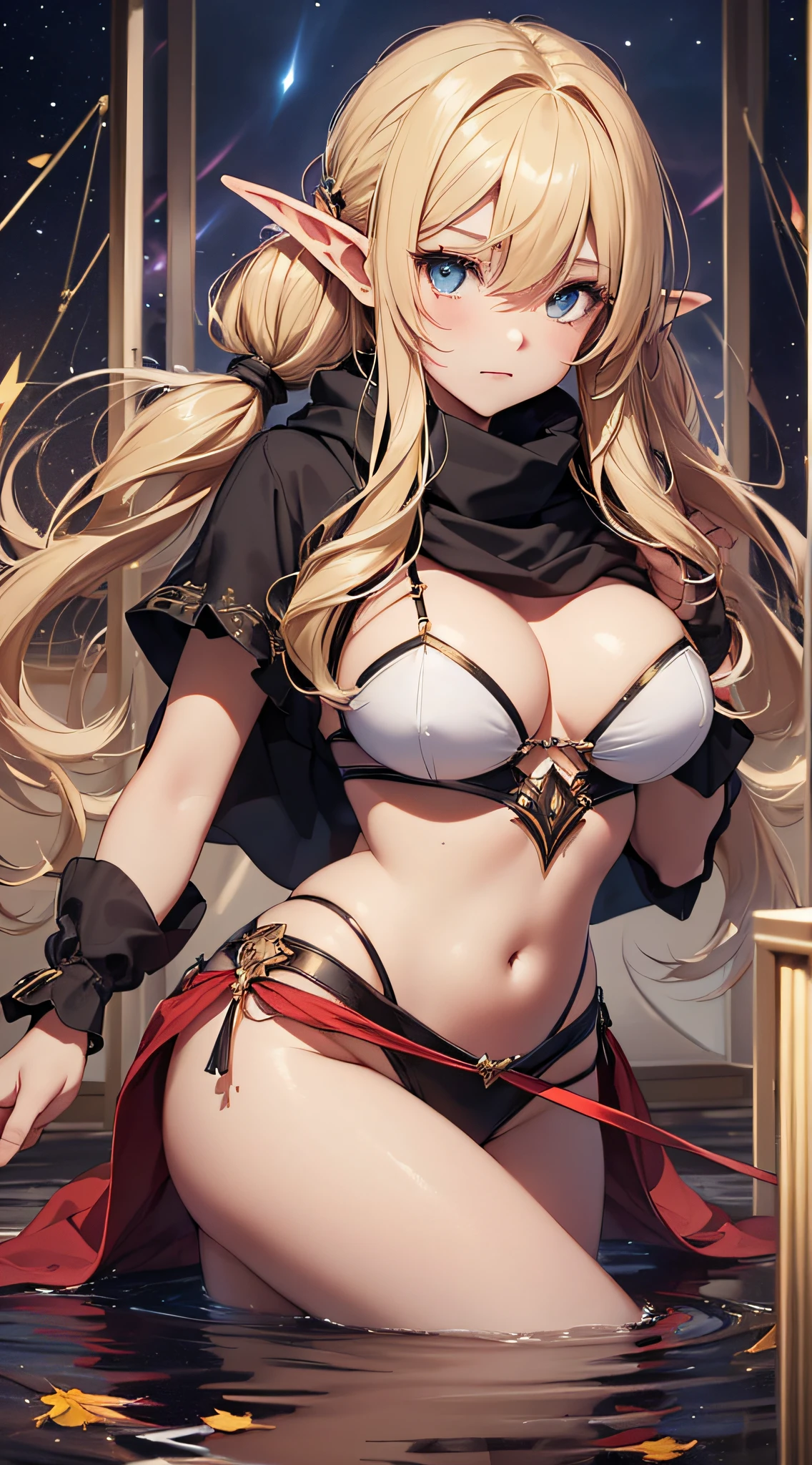 top-quality、Top image quality、masterpiece、An elf girl((18year old、Best Bust、big bast,Beautiful blue eyes、Breasts wide open, Blonde twintails、A slender,Large valleys、Reflecting the whole body、red scarf、Clothes in black robes、Fall on your back on the floor))hiquality、Beautiful Art、Background with((Inside a triangular tent、nigh sky)))、,masutepiece、visualart、depth of fields、