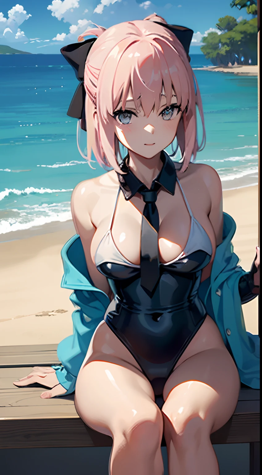 Best Quality, masutepiece, 超A high resolution, (Photorealistic)、adult lady、Soji Okita of FGO、Shinsengumi Haori、Colossal tits、NSFW,tabi、Slingshot swimsuit、neck tie