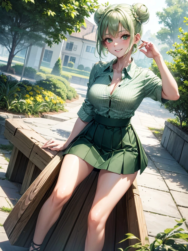 1girl, solo, ((full body)), summertime, short hair, pale green hair, buns, large breasts, button down, ((opened shirt)), dark green eyes, ((green shirt)), ((checked shirt)), ((long skirt)), ((unbuttoned shirt)), ((short sleeved shirt)), smile, looking at the viewer