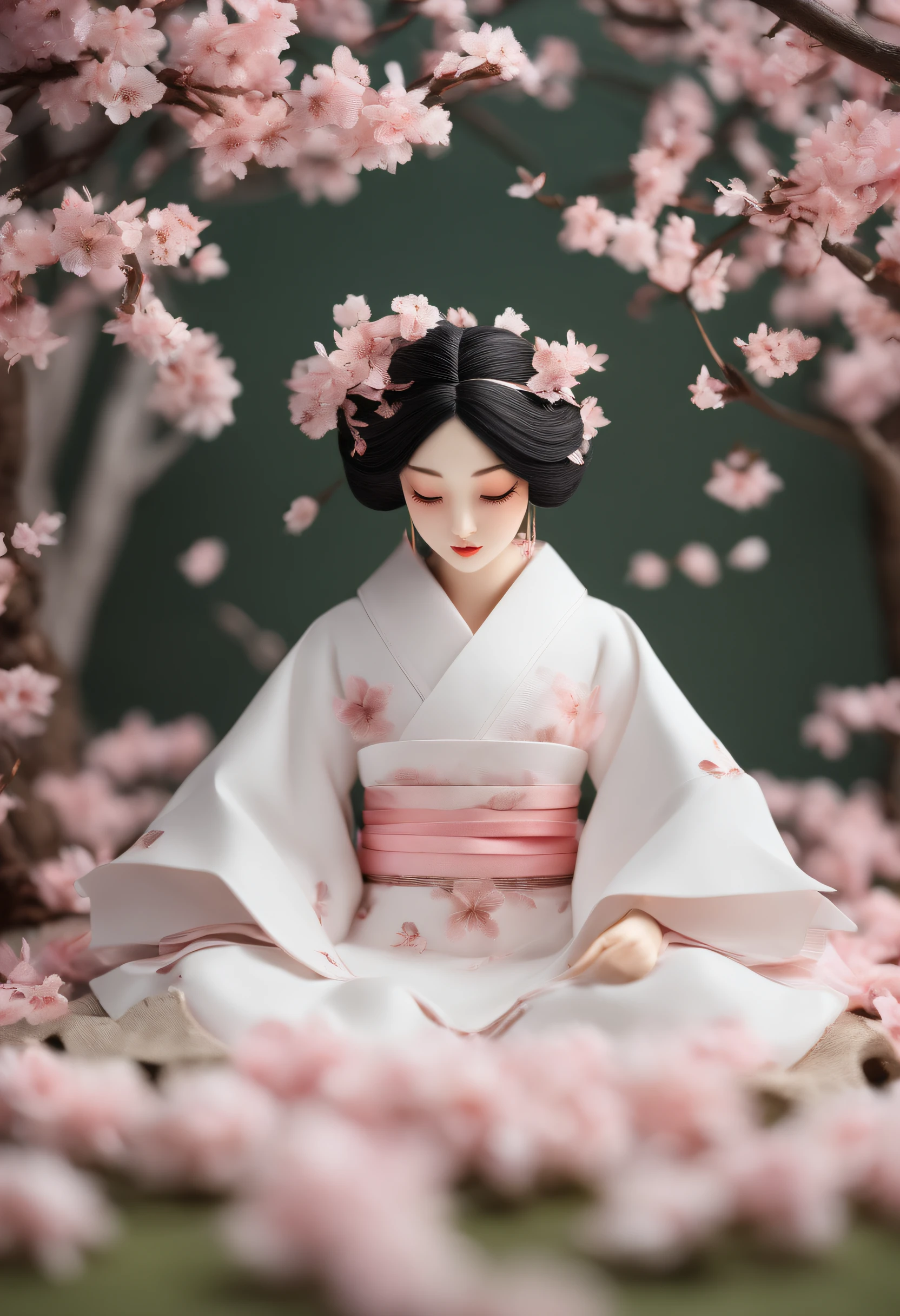 8K、masutepiece、top-quality、A hyper-realistic、Photorealsitic、Cherry blossoms and streets、BREAK beautiful girl with beautiful black hair and hair ornament in the shape of cherry blossom petals lying on the grass under a row of cherry blossom trees and taking a nap