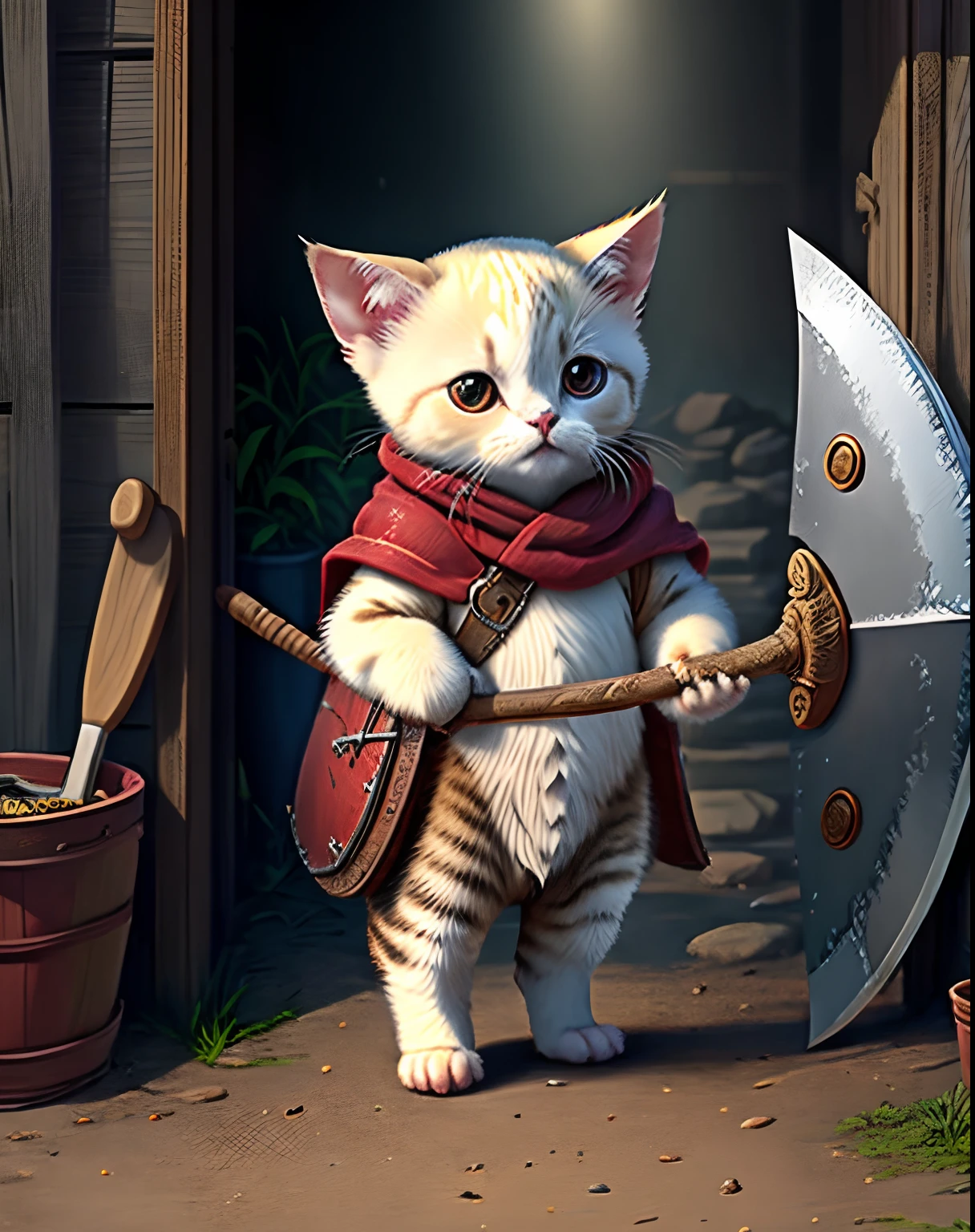 Top image quality、"Create a masterpiece of cute creatures. （Siamese cat）, high detailing, in 8K、Top image quality、Dressed as an adventurer、Holding a large axe and shield in his hands、