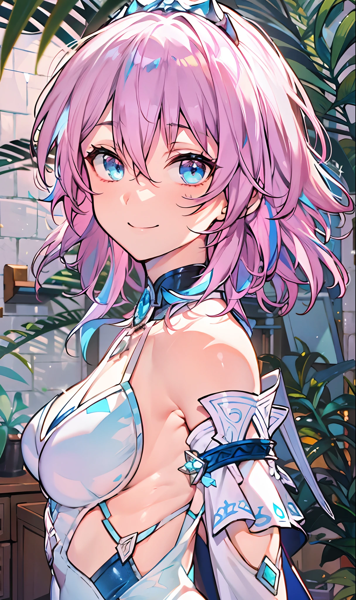 (masterpiece:1.2), (pale skin:1.2), (solo:1.2), (female:1.1), (emphasis lines:1.3), short hair, pink hair, blue eyes, armpits, bare shoulders, smile, closed mouth, indoors, plant, wall