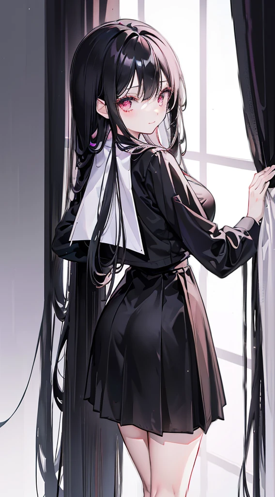 Long black hair that reaches the waist,light pink eyes,Thin hair curtain,Two hair curtains on both sides,dishiveredhair,chiquita,School uniform in black uniform,huge tit,White skin of the,with hands behind her back,light smile,black lence stockings,Whole body diagram,Eye highlights,In school