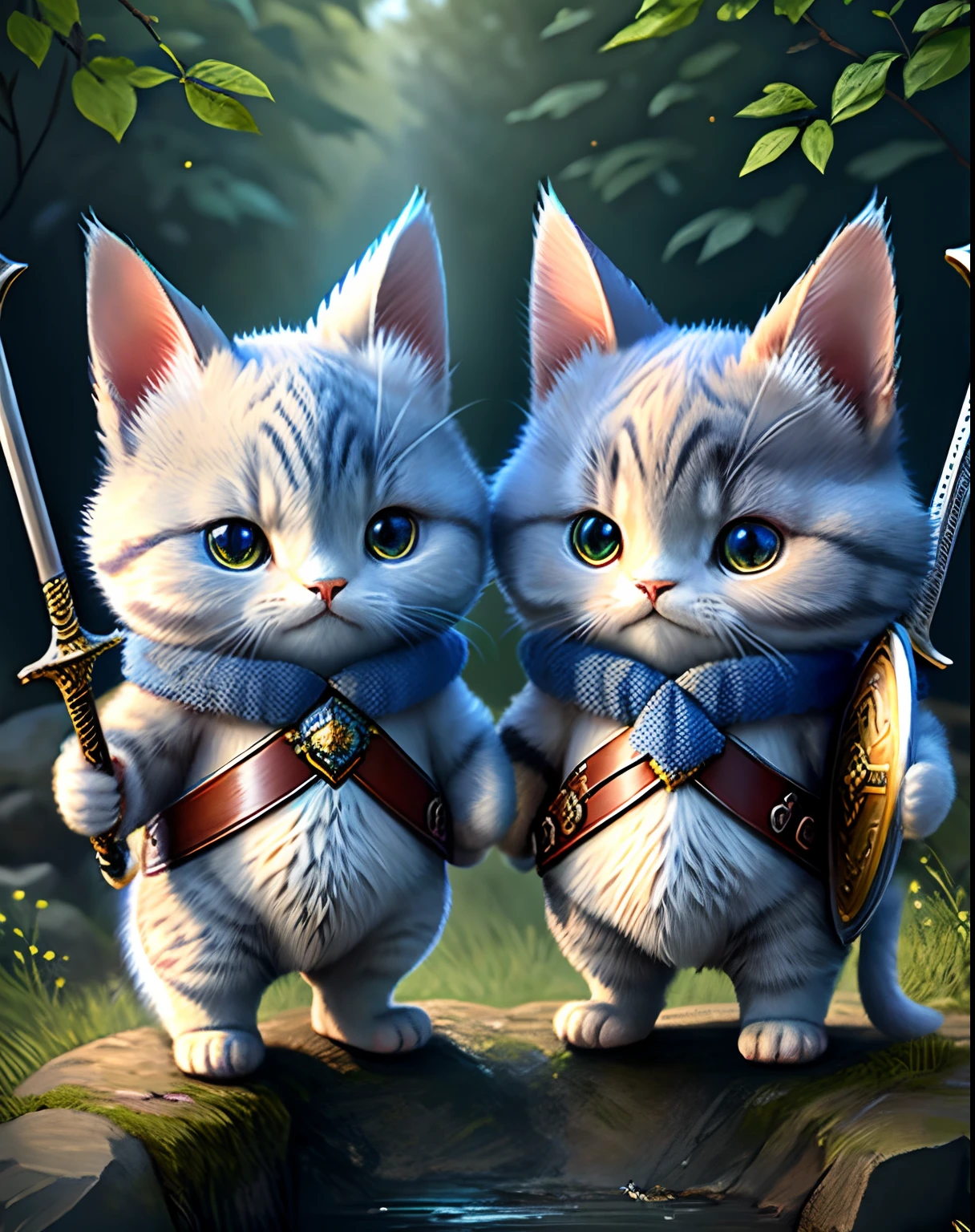 Top image quality、"Create a masterpiece of cute creatures. 1 male cat、(Russian Blue Cat), high detailing, in 8K、Top image quality、Dressed as an adventurer、Holding a sword and shield in your hand、Video Game Hero Costume、(((kawaii)))、(((Two-headed body)))