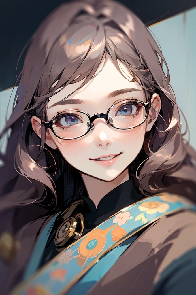 woman with glasses, posing for a picture, smiling for camera, with glasses, pretty smile, detailed beautiful long hair, kawaii realistic portrait, high quality portrait