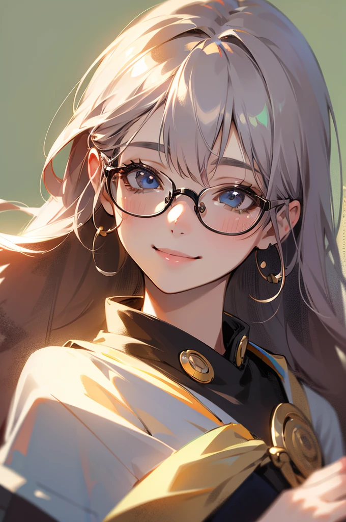 woman with glasses, posing for a picture, smiling for camera, with glasses, pretty smile, detailed beautiful long hair, kawaii realistic portrait, high quality portrait