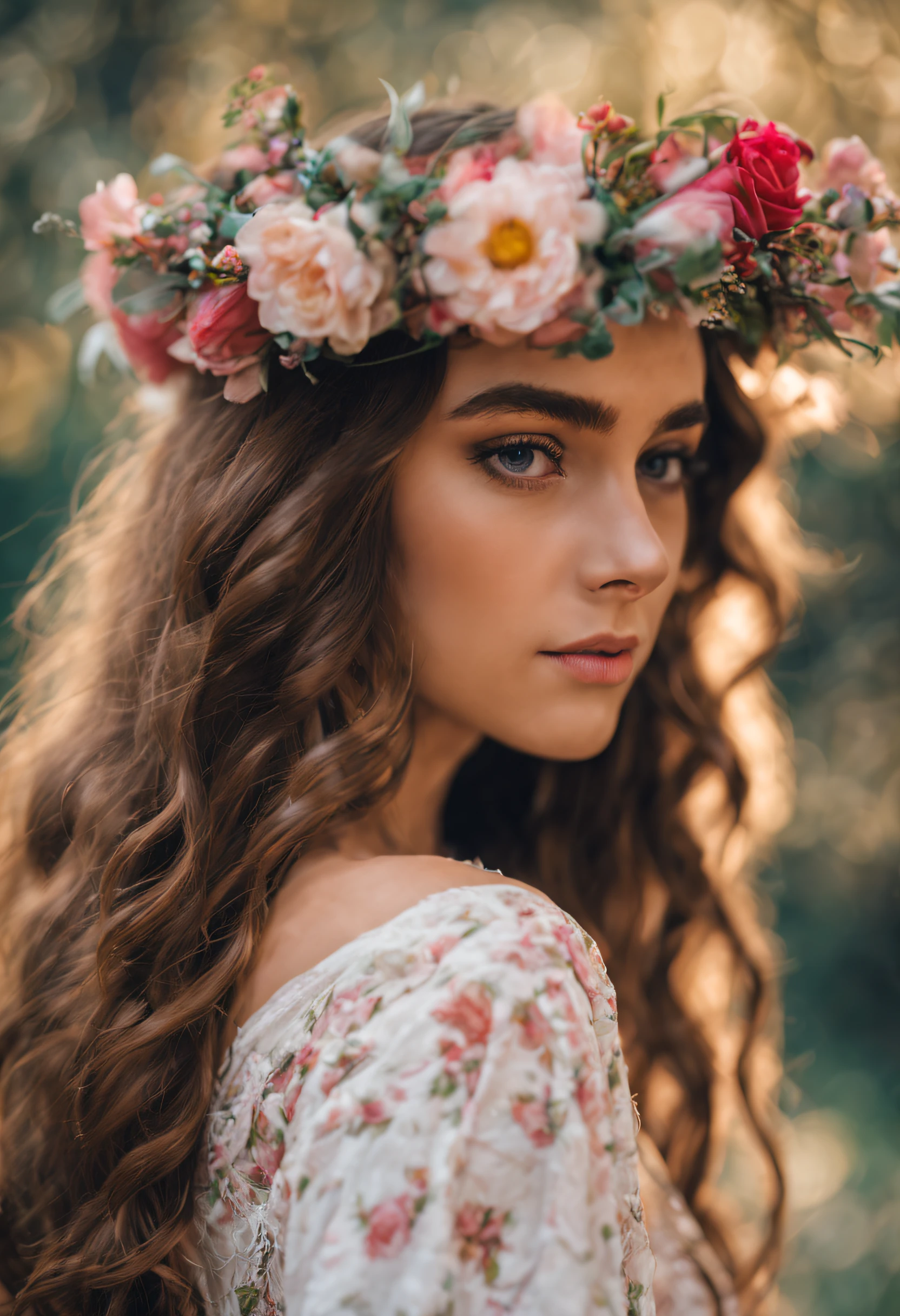 long hair girl, Wearing a flower crown on his head, Bust photo, The background is blurred out