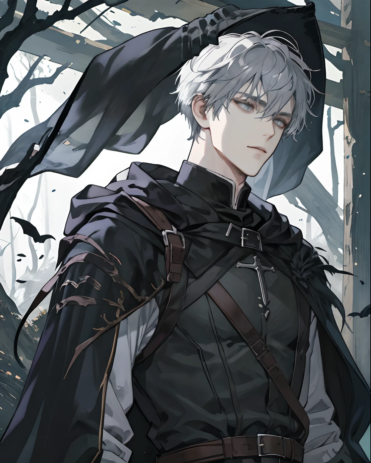 1male, medieval fantasy,, beautiful, depressed, grey hair, black eyes, detailed eyes, (black cloak, dark sorcerer, rogue mage, black magic), alone in a dark forest, medieval fantasy, close up