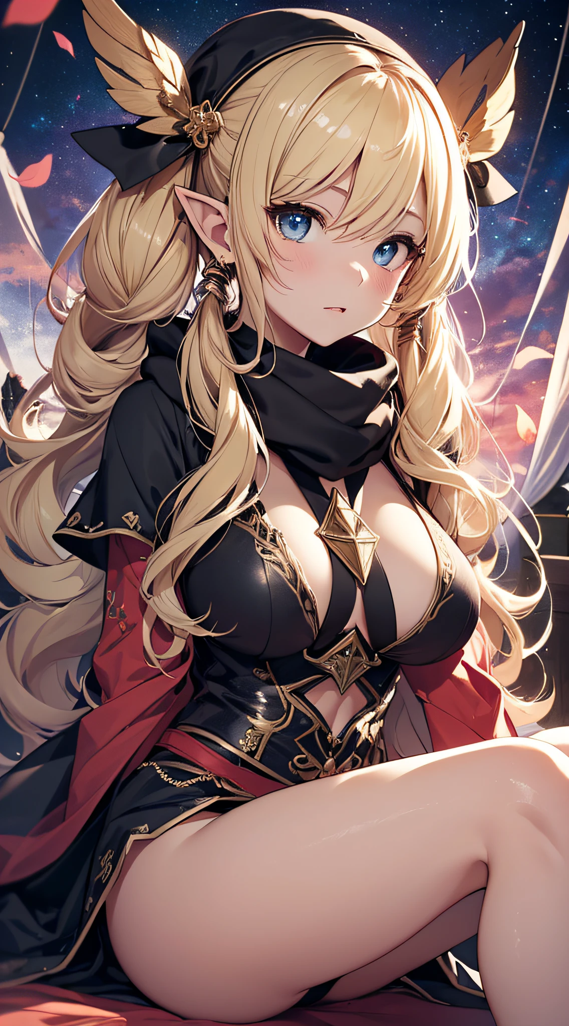 top-quality、Top image quality、masterpiece、An elf girl((18year old、Best Bust、big bast,Beautiful blue eyes、Breasts wide open, Blonde twintails、A slender,Large valleys、red scarf、Clothes in black robes、Supine Pose))hiquality、Beautiful Art、Background with((Inside a triangular tent、nigh sky)))、,masutepiece、visualart、depth of fields、