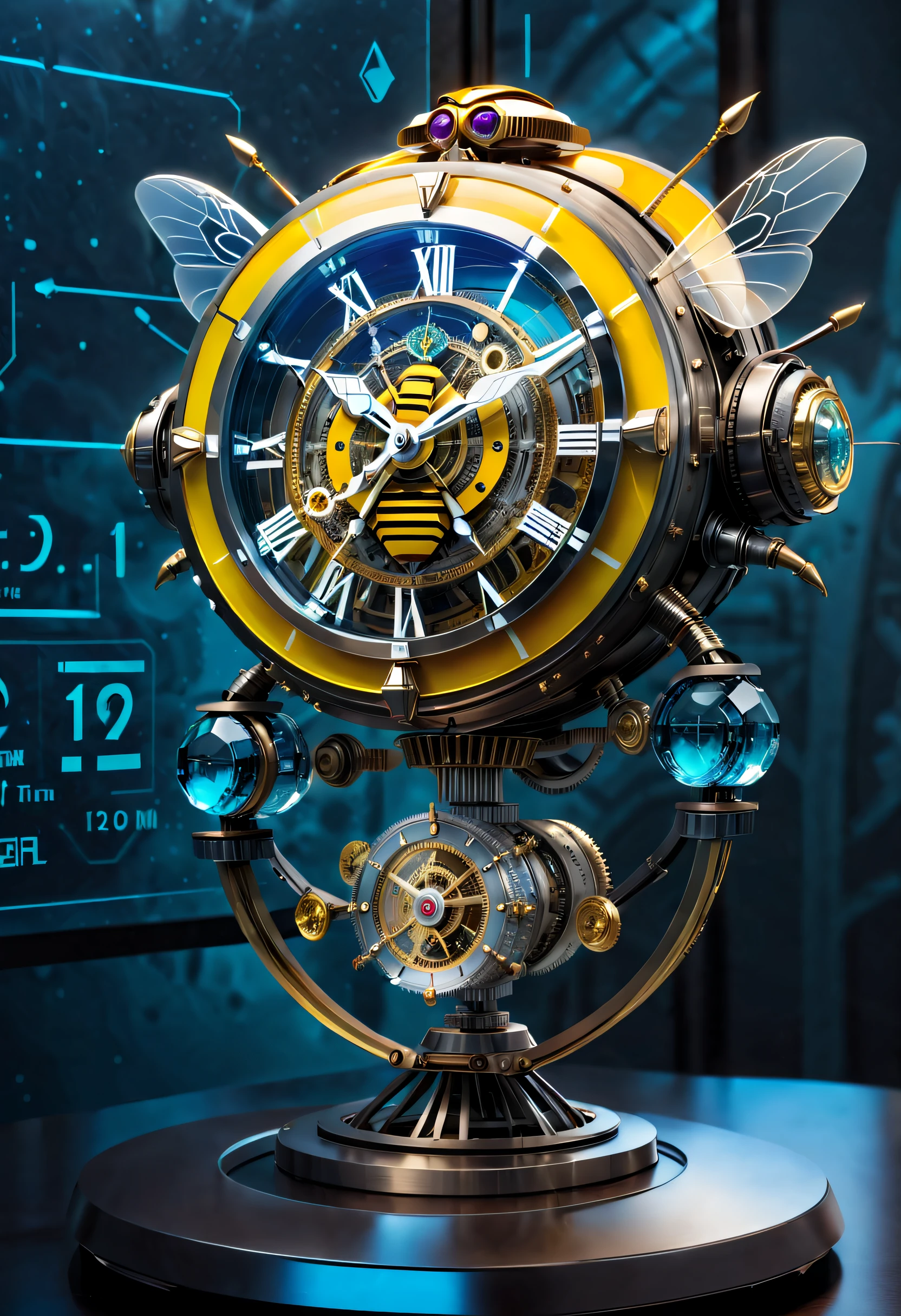 The clock of the future, (Except for the clock,Nothing),(No Man), (A complex futuristic clock made by a Bumblebee mech,The head of the Bumblebee mech is engraved on the clock,The entire clock is made of titanium and crystal glass construction,Sci-fi from start to finish,Details with metallic ice texture,Mechanical technology process manufacturing of the future,metallic luster,Icy mechanical line beauty, Unix terminals, Mono Color, Clean user interface with high contrast, Concise background,Clock Ads,Time Lord's clock), Colorful colorful, luxury goods,(Positive image, product-view), solofocus,(tmasterpiece), high qulity,1.4 times real, Simple icons, art stations,clock,IvoryGoldAI