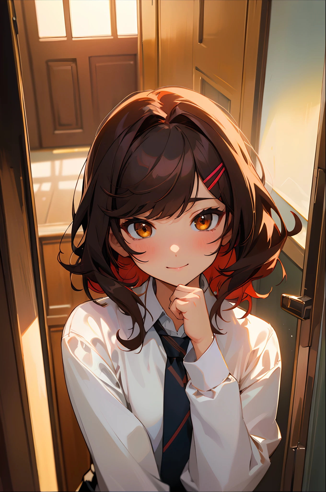 masterpiece, best quality, ultra-detailed, illustration, epic lighting, cinematic composition, isometric, 1girl, solo, cute, brown eyes, black hair, swept bangs, single sidelock, red hairclip, white collared shirt, black necktie, black pants, formal, enchanting gaze, captivating pose, indoors, office, door, opening door, looking at viewer, peeking out upper body, blush, seductive smile, closed mouth,(8k:1.1),
