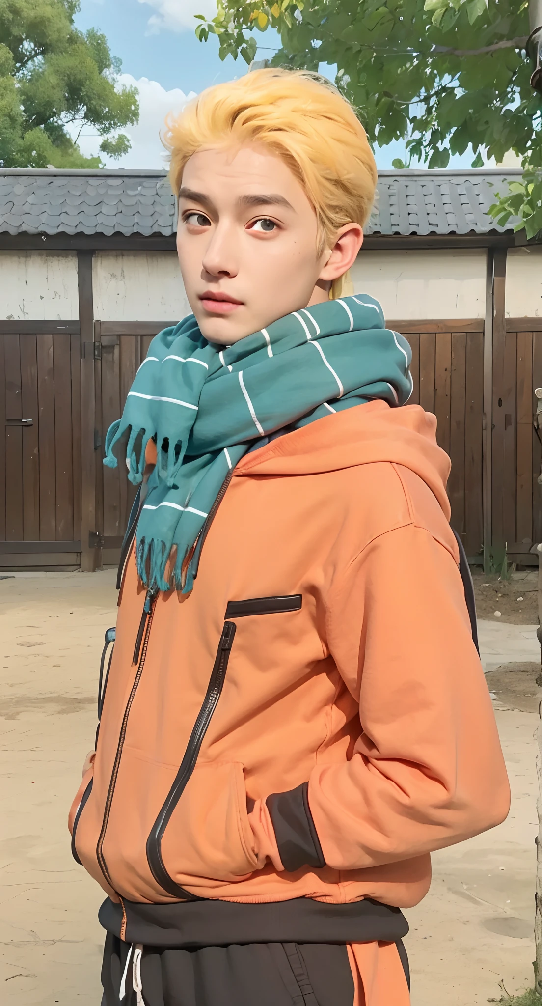 Real life adaption of this character, handsome face,realistic same messy hair , (realistic same outfit,orange Hoodie with same design), realistic same background , realistic light, realistic shadow, realism, hyper realistic,(photorealistic:1.2), realistic same scarf,normal eyes