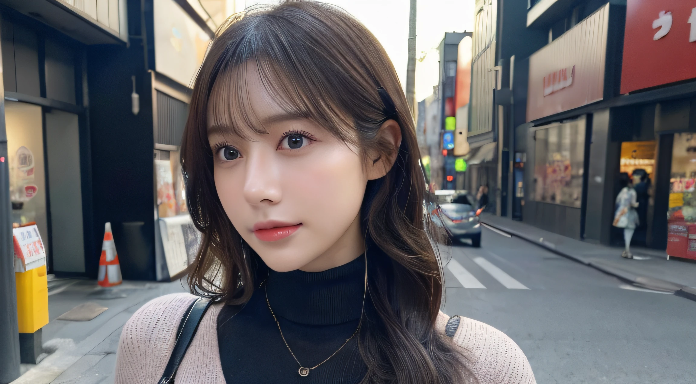 (Colossal tits、Turtleneck knitwear、Shoulder bag)、(top-quality,masterpiece:1.3,超A high resolution,),(ultra-detailliert,Caustics),(Photorealsitic:1.4,RAW shooting,)Ultra-realistic capture,A highly detailed,high-definition16Kfor human skin、 Skin texture is natural、、The skin looks healthy with an even tone、 Use natural light and color,One Woman,japanes,,kawaii,A dark-haired,Middle hair,(depth of fields、chromatic abberation、、Wide range of lighting、Natural Shading、)、(Hair swaying in the wind:1.2)、Streets of Tokyo