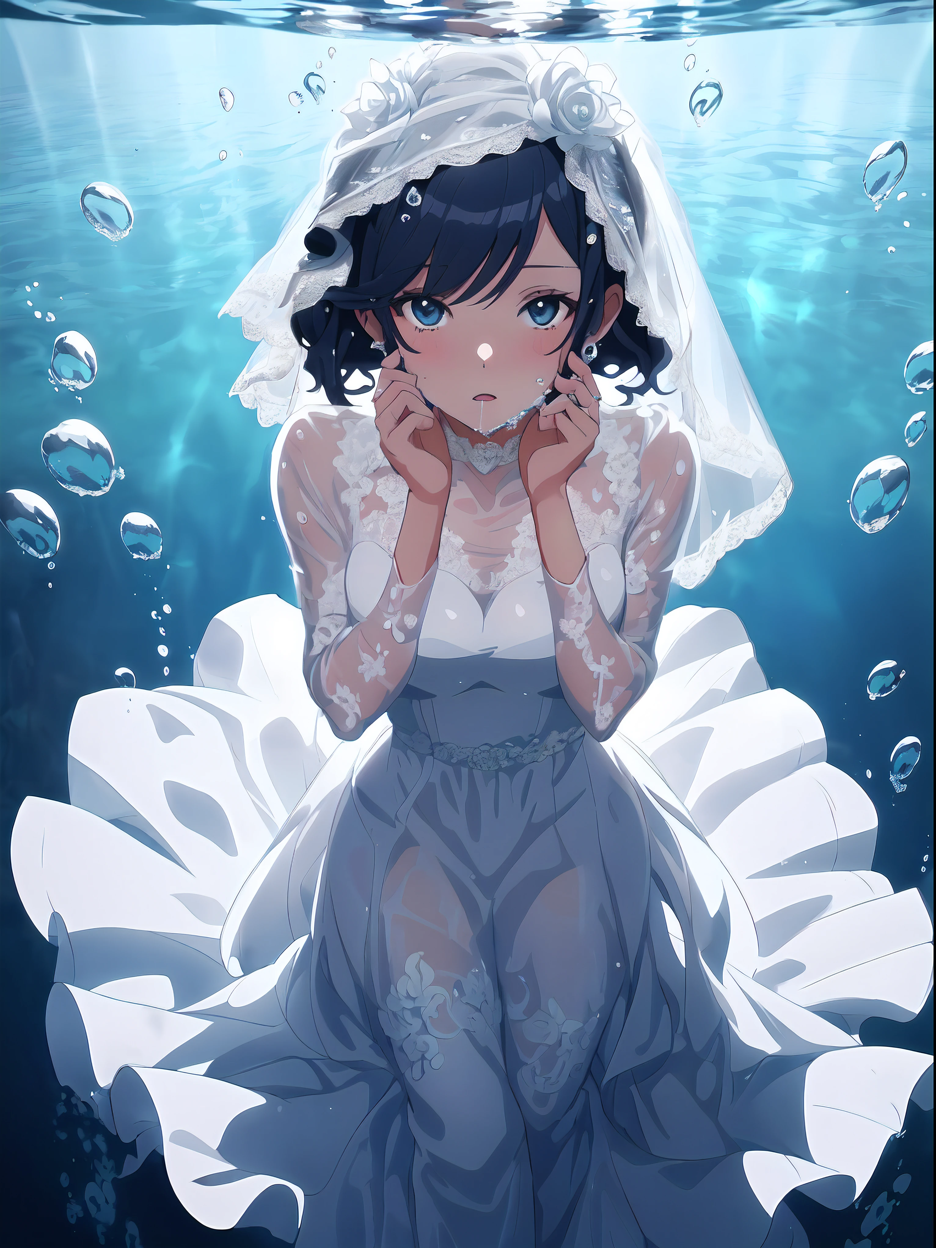 wallpaper anime blue water, beautiful fantasy anime, closeup fantasy with water magic, high definition anime art, Beautiful anime artwork, A beautiful artwork illustration, Beautiful anime art, Anime fantasy artwork, hd anime wallaper, ultra hd anime wallpaper, Anime art wallpaper 4 K, Anime art wallpaper 4k, hd anime wallpaper,(from above, panorama, perspective),((best quality)), ((masterpiece)), (detailed),(dynamic perspective),1 woman and 1 very young girl, 1 woman (kissing) 1 very young girl in (((wet clothes)),(deep kiss:1.2),(wet),(wet body),patient expression,transparent,[dress],((((wet translucent beauty white dress with Lace pattern, very long dress))),bset frills, best wrinkles), best shadow, ((underwater photography, floating under water, underwater photo, in water,deep water, floating drowning)), ((1 woman in wedding dress,1 very young girl in white dress)),yuri,((drowning,sinking)), many water bubbles,(masturbation,clothed_masturbation), 8k resolution