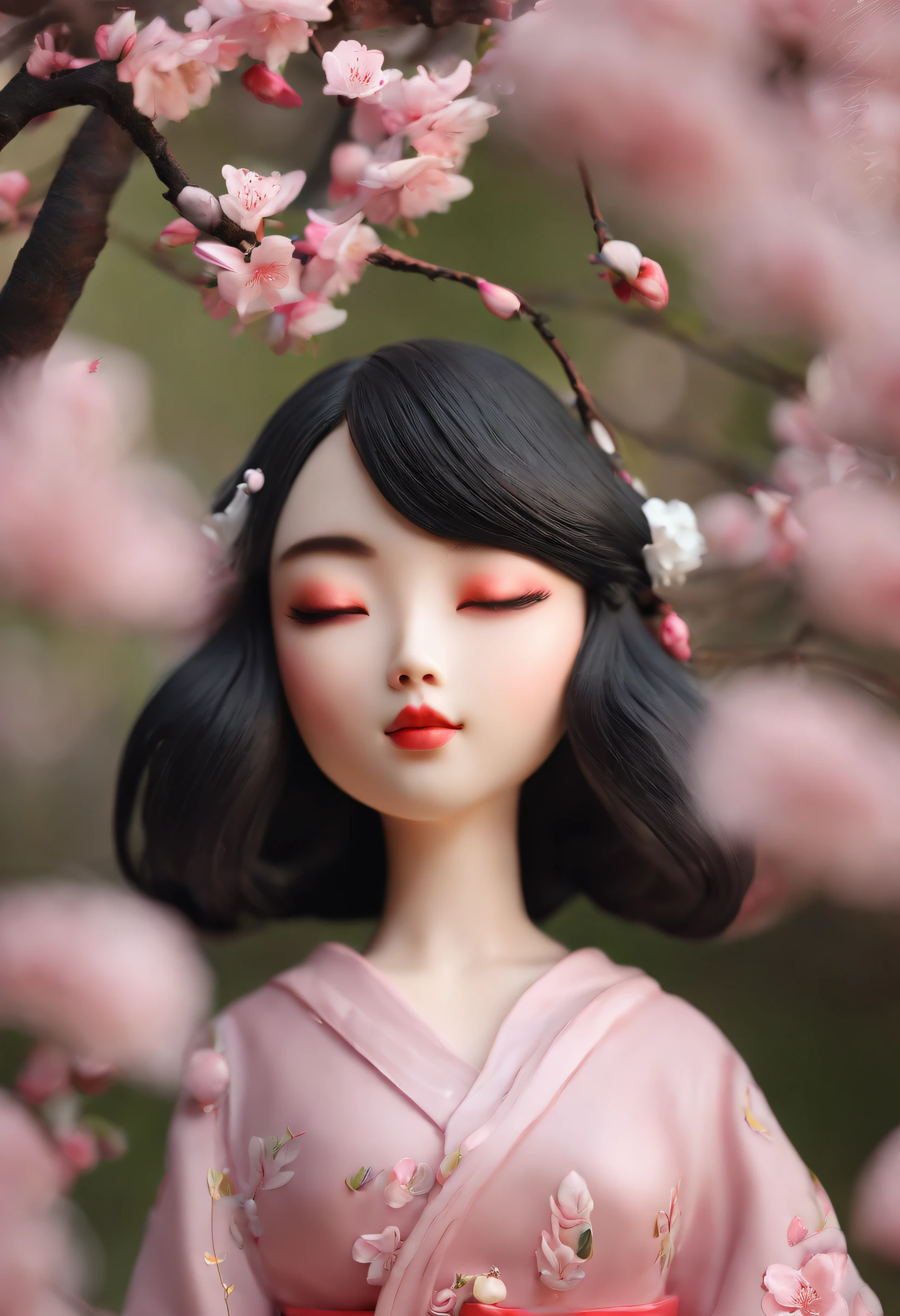 8K、Masterpiece、top-quality、A hyper-realistic、Photorealsitic、Cherry blossom And Street、BREAK beautiful girl with beautiful black hair and hair ornament in the shape of cherry blossom petals lying on the grass under a row of cherry blossom trees and taking a nap