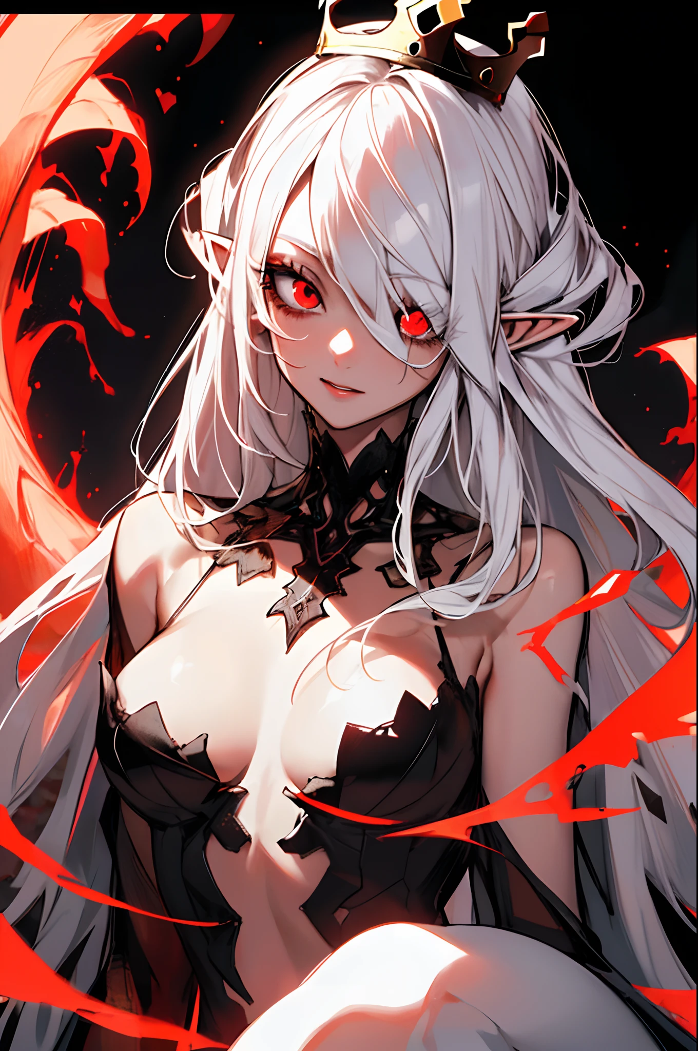 masterpiece, best quality, ultra-detailed, absurdres, colorful, 1girl, solo, (solid red eyes:1.0), (white hair, long hair, straight hair, hair over one eye:1.0), detailed eyes, wide-eyed, eyelashes, (upper body:0.8), monster girl, side view, glowing eyes, tilted head, night, black suit, pointy ears, horror, dark, black background, looking at viewer, crown, high contrast, backlighting, (standing:0.8), aura, fractal background, chaotic, spiral, demon horns, energy, mosaic, inferno