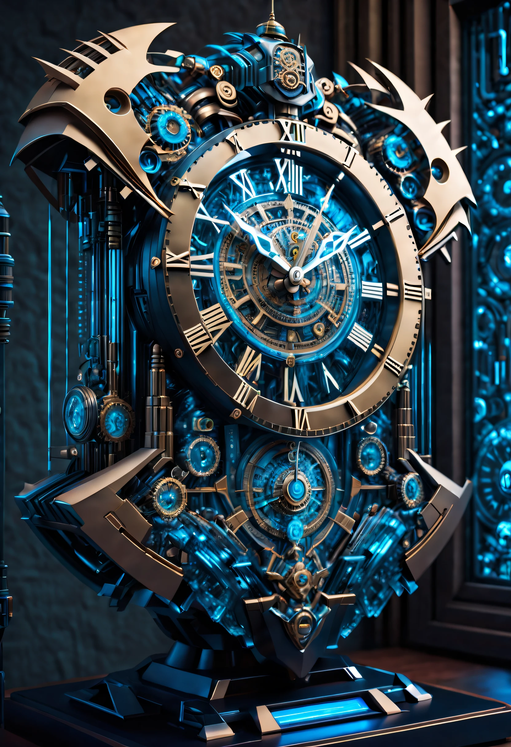 The clock of the future, (Except for the clock，Nothing)，(No Man), (A complex futuristic clock made by a Cybertron mech，The head of the mecha is engraved on the clock，The entire clock is made of titanium and crystal glass construction，Sci-fi from start to finish，Details with metallic ice texture，Mechanical technology process manufacturing of the future，metallic  luster，Icy mechanical line beauty, Unix terminals, Mono Color, Clean user interface with high contrast, Concise background，Clock Ads，Time Lord's clock), Colorful colorful, luxury goods，(Positive image, product-view), solofocus，(tmasterpiece), high qulity，1.4 times real, Simple icons, art  stations，clock，IvoryGoldAI