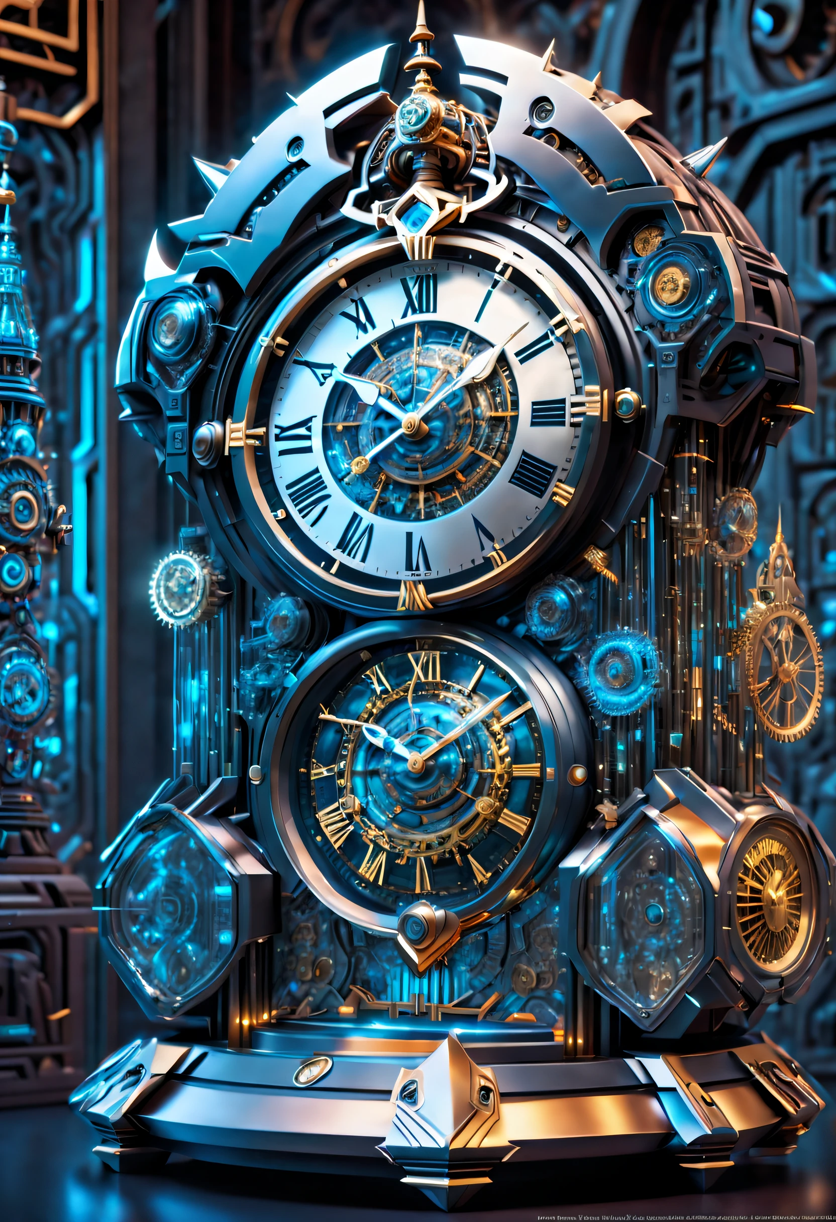 The clock of the future, (Except for the clock,Nothing),(No Man), (A complex futuristic clock made by a Cybertron mech,The head of the mecha is engraved on the clock,The entire clock is made of titanium and crystal glass construction,Sci-fi from start to finish,Details with metallic ice texture,Mechanical technology process manufacturing of the future,metallic luster,Icy mechanical line beauty, Unix terminals, Mono Color, Clean user interface with high contrast, Concise background,Clock Ads,Time Lord's clock), Colorful colorful, luxury goods,(Positive image, product-view), solofocus,(tmasterpiece), high qulity,1.4 times real, Simple icons, art stations,clock,IvoryGoldAI