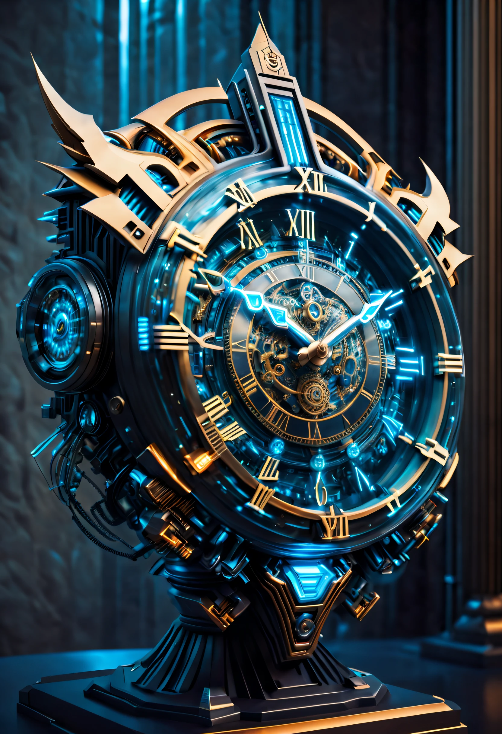 The clock of the future, (Except for the clock,Nothing),(No Man), (A complex futuristic clock made by a Cybertron mech,The head of the mecha is engraved on the clock,The entire clock is made of titanium and crystal glass construction,Sci-fi from start to finish,Details with metallic ice texture,Mechanical technology process manufacturing of the future,metallic luster,Icy mechanical line beauty, Unix terminals, Mono Color, Clean user interface with high contrast, Concise background,Clock Ads,Time Lord's clock), Colorful colorful, luxury goods,(Positive image, product-view), solofocus,(tmasterpiece), high qulity,1.4 times real, Simple icons, art stations,clock,IvoryGoldAI