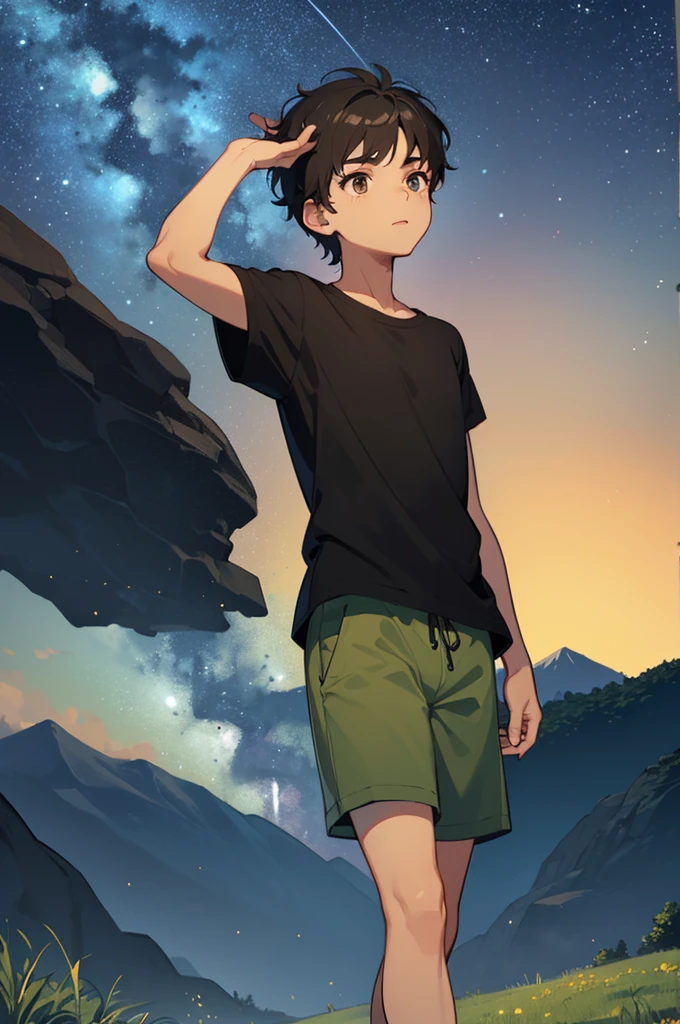 Young light brown skin boy looks up at the night stars. He has short black hair, and wears a green shirt and grey shorts. The background is grass with mountains behind him, with the stars shining.