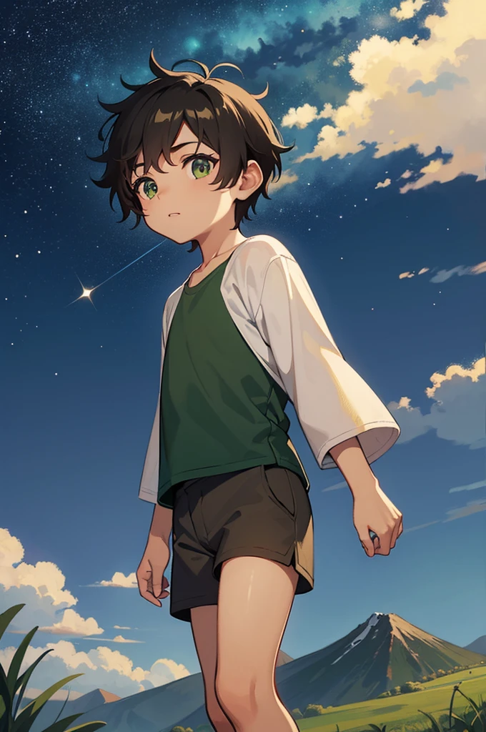 Young light brown skin boy looks up at the night stars. He has short black hair, and wears a green shirt and grey shorts. The background is grass with mountains behind him, with the stars shining.