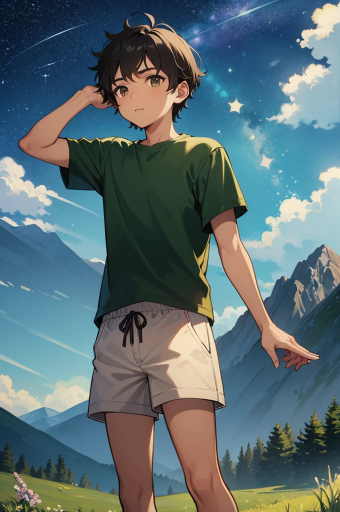 Young light brown skin boy looks up at the night stars. He has short black hair, and wears a green shirt and grey shorts. The background is grass with mountains behind him, with the stars shining.