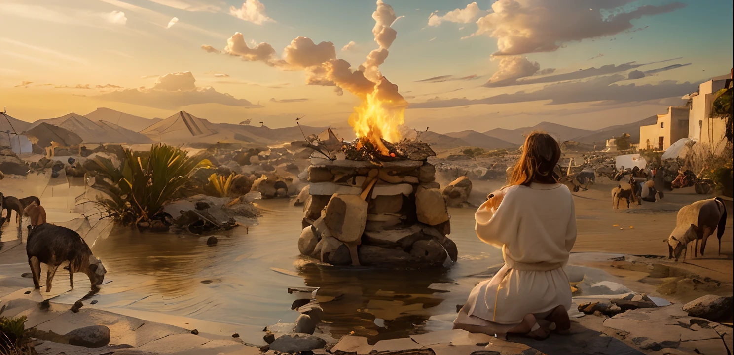 In the golden dawn of a biblical time, as colinas suaves testemunham um antigo ritual. good, Dress in simple tunics, se ergue diante de um altar de pedras, Where the fire of the burnt offering dances in sync with the first rays of the sun. Seus olhos fixos no horizonte, Job Offers Incense, perfumando o ar ao redor. Sobre o altar, pequenas figuras esculpidas representam cada um de seus filhos, Witnessing Your Daily Search for Divine Grace. The scenery breathes faith and devotion, uma imagem que transcende o tempo, imortalizada na luz matinal.