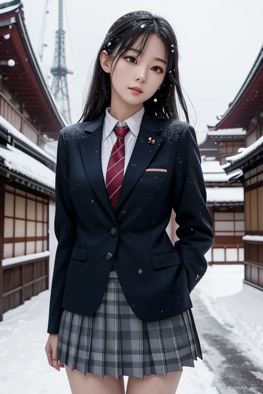 Best Quality、masutepiece、超A high resolution、(Photorealistic:1.4)、adult lady、modeled、long legged、(Thin eyebrows:0.2)、(thin lipss:0.8)、(small nose:0.8)、Appearance without makeup、(japanese hight school uniform:1.2)、Blazer Uniform、neck tie、Plaid mid-length spline skirt、(Looking up at the sky:1.2)、Shooting from below、spreading arms widely、Colossal tits、(the perfect body:1.2)、Park at night、snowflakes falling、wetting hair、Snow falls on clothes、By Michelangelo、ulzzang -6500-v1.1