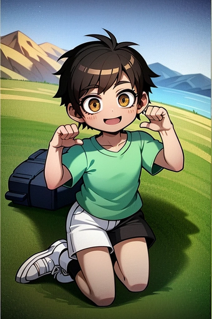 Young light brown-skinned boy looks up at the night stars. He has short black hair and wears a green shirt and grey shorts. The background is grass with mountains behind him, with the stars shining.
Esti