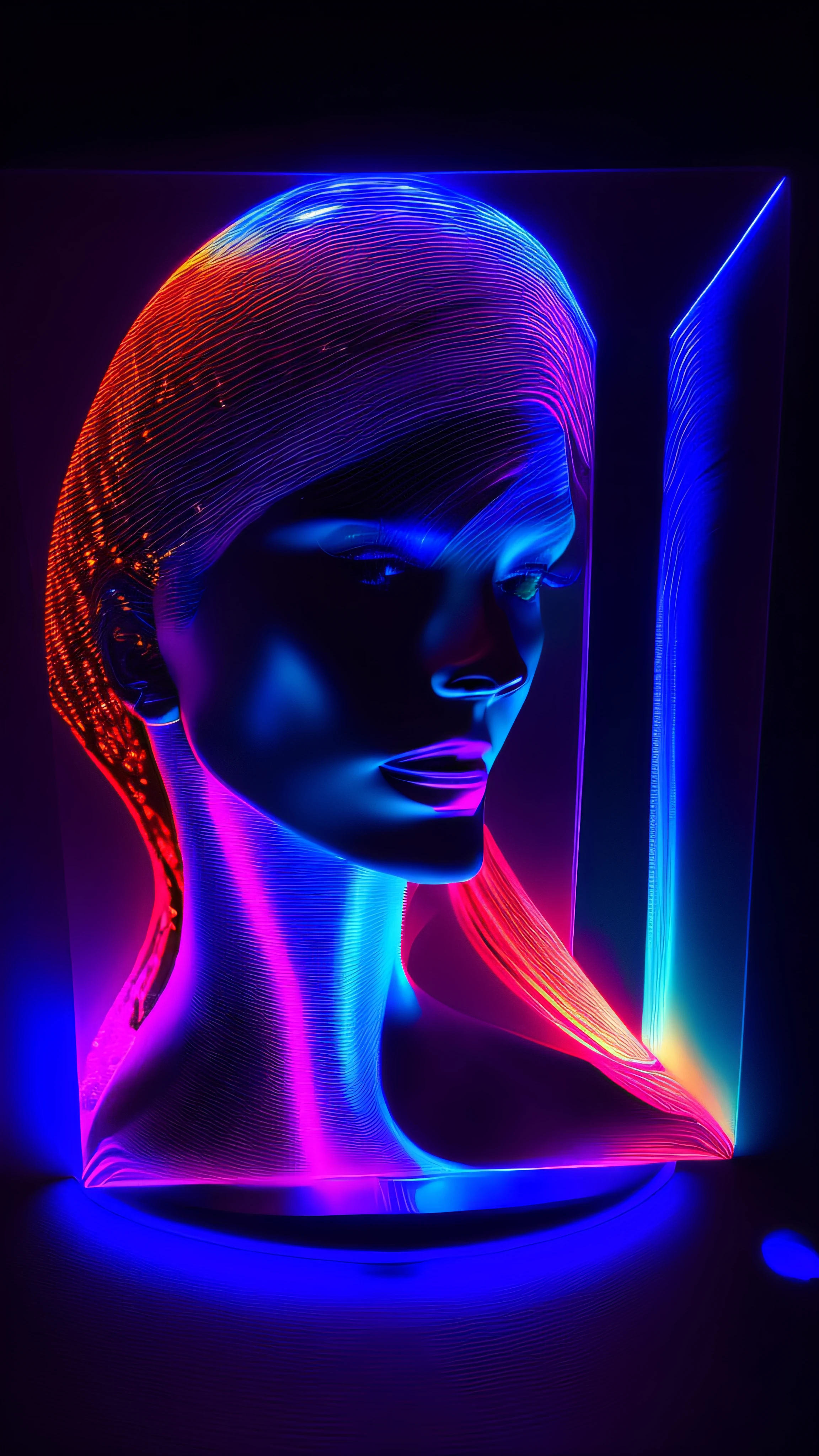 a picture of a (3DMM picture of a woman, (3 d depth of field: 1.4)) in a 3 d picture frame, 3DMM frame of lights, illusion of disappearing to infinity, RGB led point lights disappear inward from edge, infinity mirror, 3 d neon art of a womens body, psychedelic photoluminescent, vivid!!, psychedelic lighting, psychedelic black light, by Jon Coffelt, lsd visuals, neon version of style jim burns, ledspace, skin made of led point lights, RGB led effects