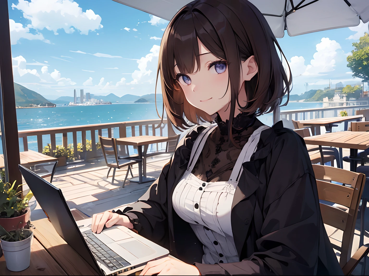 (1girl in),(beautiful eyes finely detailed、Face to detail、masterpiece sidelighting、masterpiece、top-quality、detaileds、High resolution illustration),Woman using laptop on the open terrace of a fashionable café、18year old、OL、Everyday clothes、A smile、frontage、The upper part of the body、Brown hair、Short bob hair、The upper part of the body、
