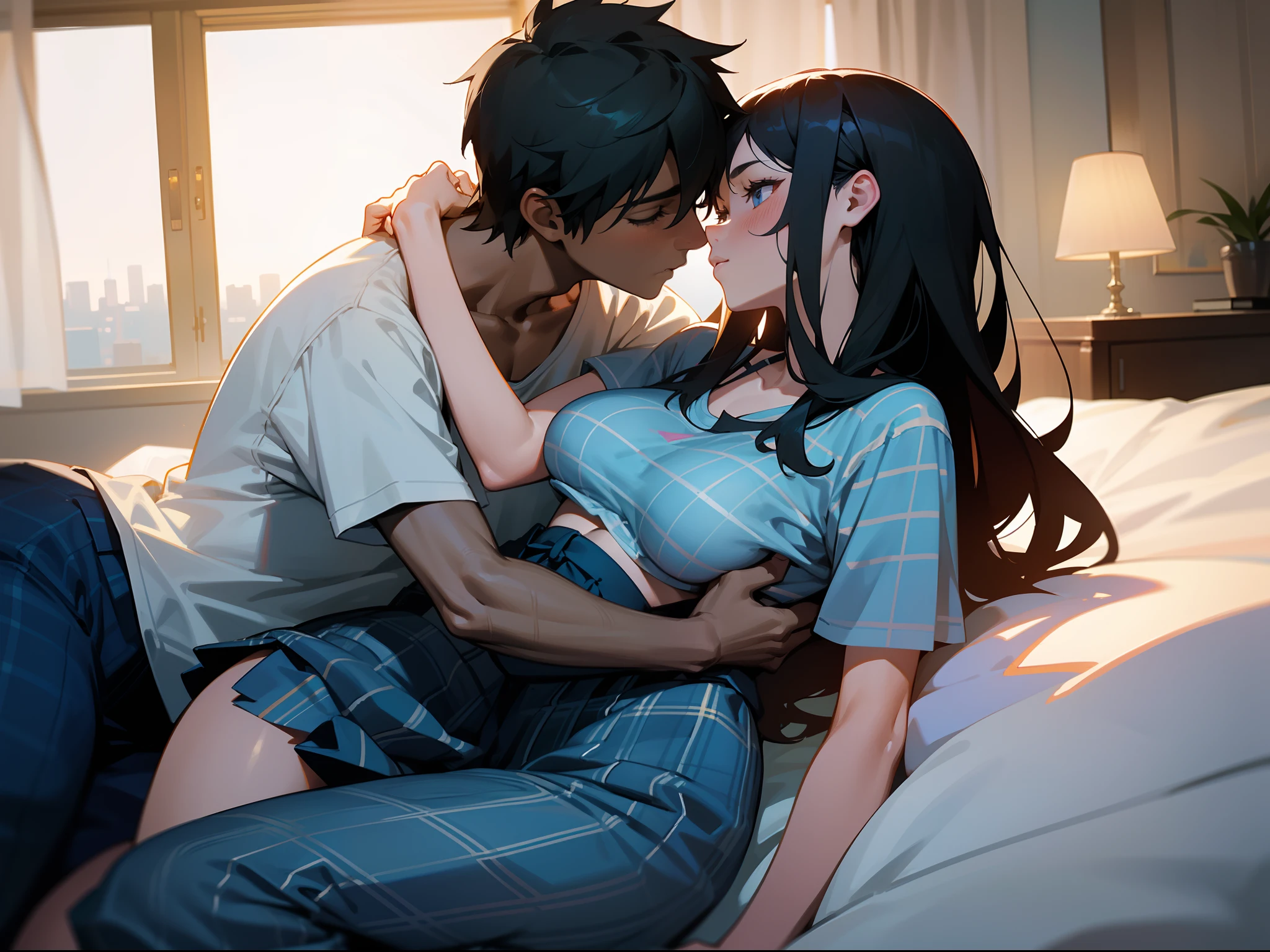 2 Man and woman in bedroom with bed, A man and a woman kiss, Carrying a woman on her shoulders。The woman has neat black hair，middle score, White bra，Full breasts，Big breasts Thin waist，fat hips，beautiful  detailed face，Pure，Raised sexy，Light makeup，Blue plaid skirt，Black stockings, T-shirt and summer pants。  photos of men。Modern bedroom, Big bed, flower pots, Floor flowers, Large windows overlooking the city, the night, lamp lights, Soft light, Moonlight outside the window, The is very detailed, beaturiful body, , Figure 8K, Realistic art style,  ，realisticlying（2.0），realisticlying，realisticlying