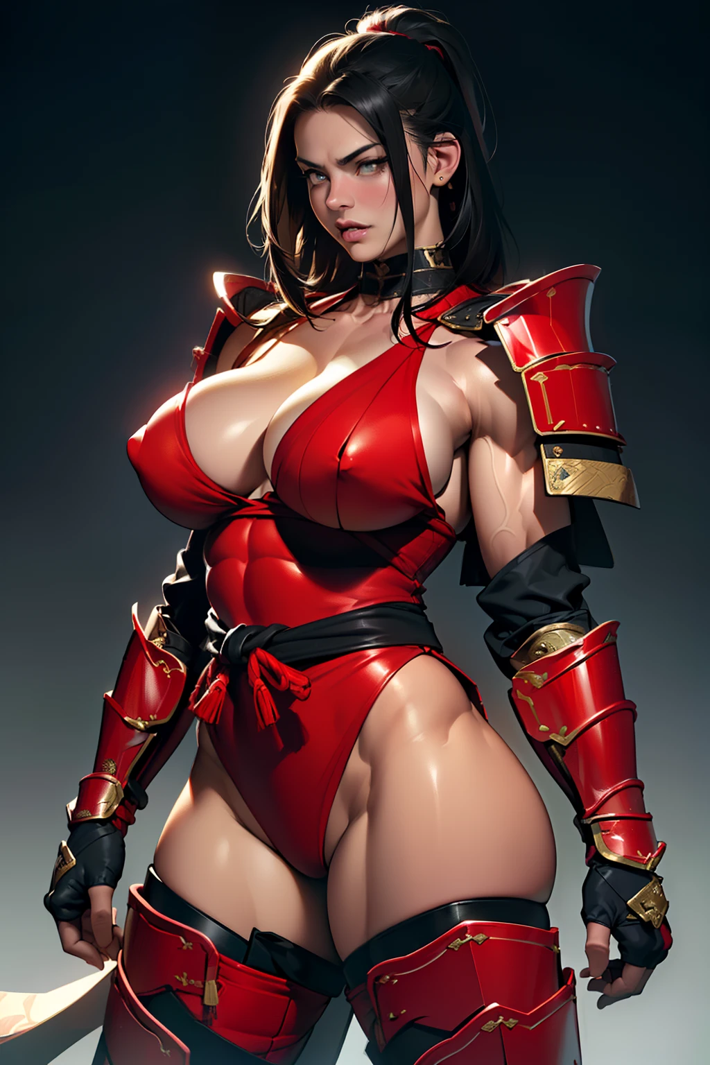 (High resolution, Pixels are perfect, luxurious illustration), (hyper quality, masutepiece, Ethereal: 1.4),(Solo:1.4), Black hair, Yellow eyes, (angry), pale skin, (((((((muscular))))))), ((thick thighs)), ((Huge breasts)), (((((((Woman))))))), ((((A MILF)))), Samurai, ((((Japanese armor)))), (((Red armor))), (Leotard), (((wide hips))), ((greybackground)), (Shiny skin),
